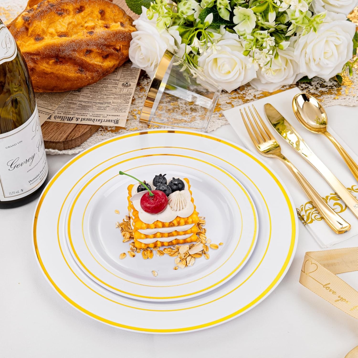 I00000 350Pcs Gold Dinnerware Set for 50 Guests, Gold Plastic Plates for Party