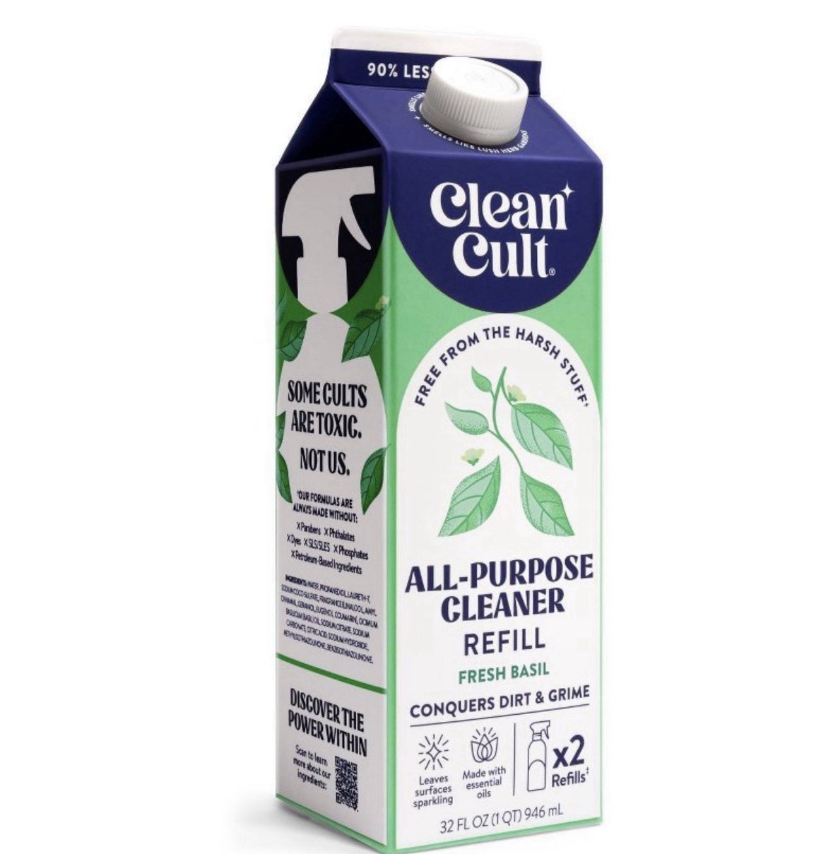 Clean Cult All Purpose Cleaner Refill, Muti-Surface, Fresh Basil, 32oz, 4 Pack