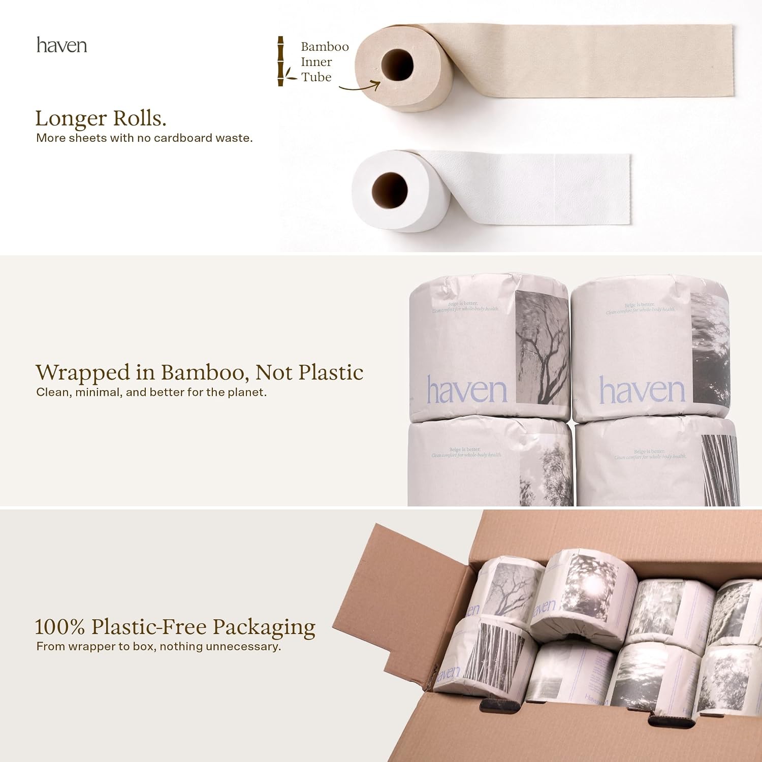 Haven Unbleached Bamboo Toilet Paper with Plastic Free Packaging, 3-Ply, 24 Ro