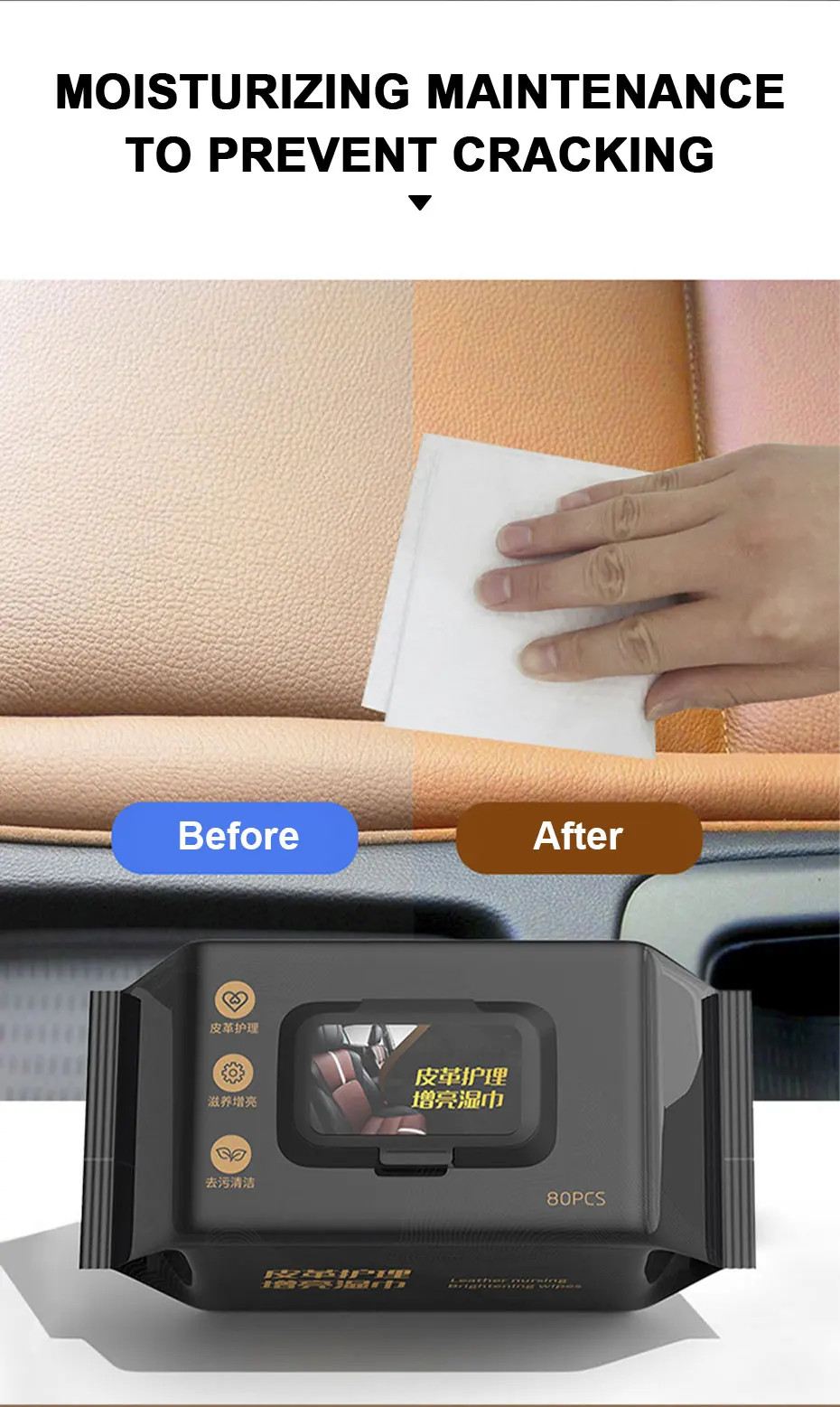80pcs Car Interior Cleaning Wipes Dashboard Leather Seat Care Brightening Towels
