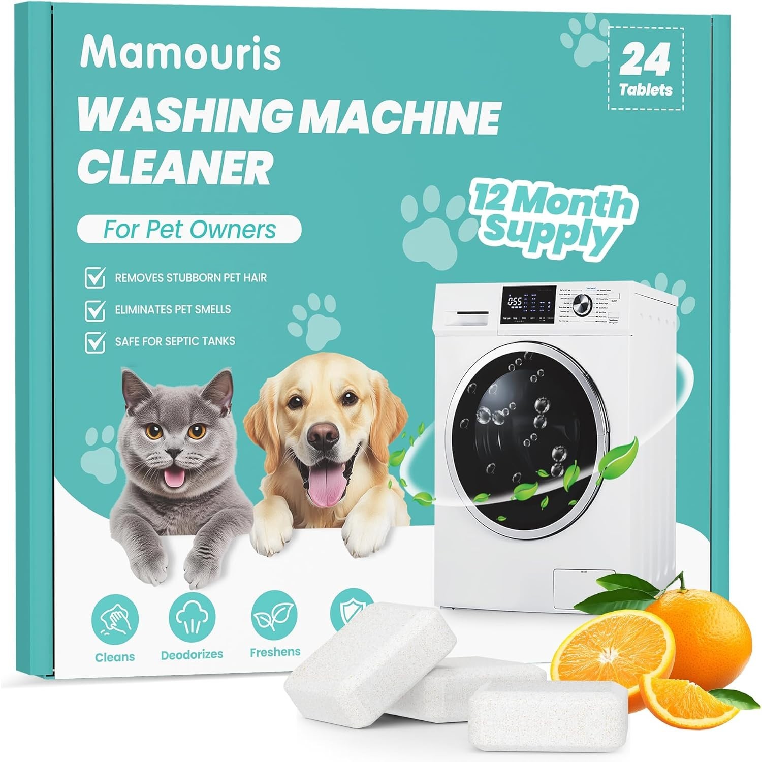 Deep Cleaning Tablets for Washing Machines – 24 Count, Odor and Pet Hair Remover
