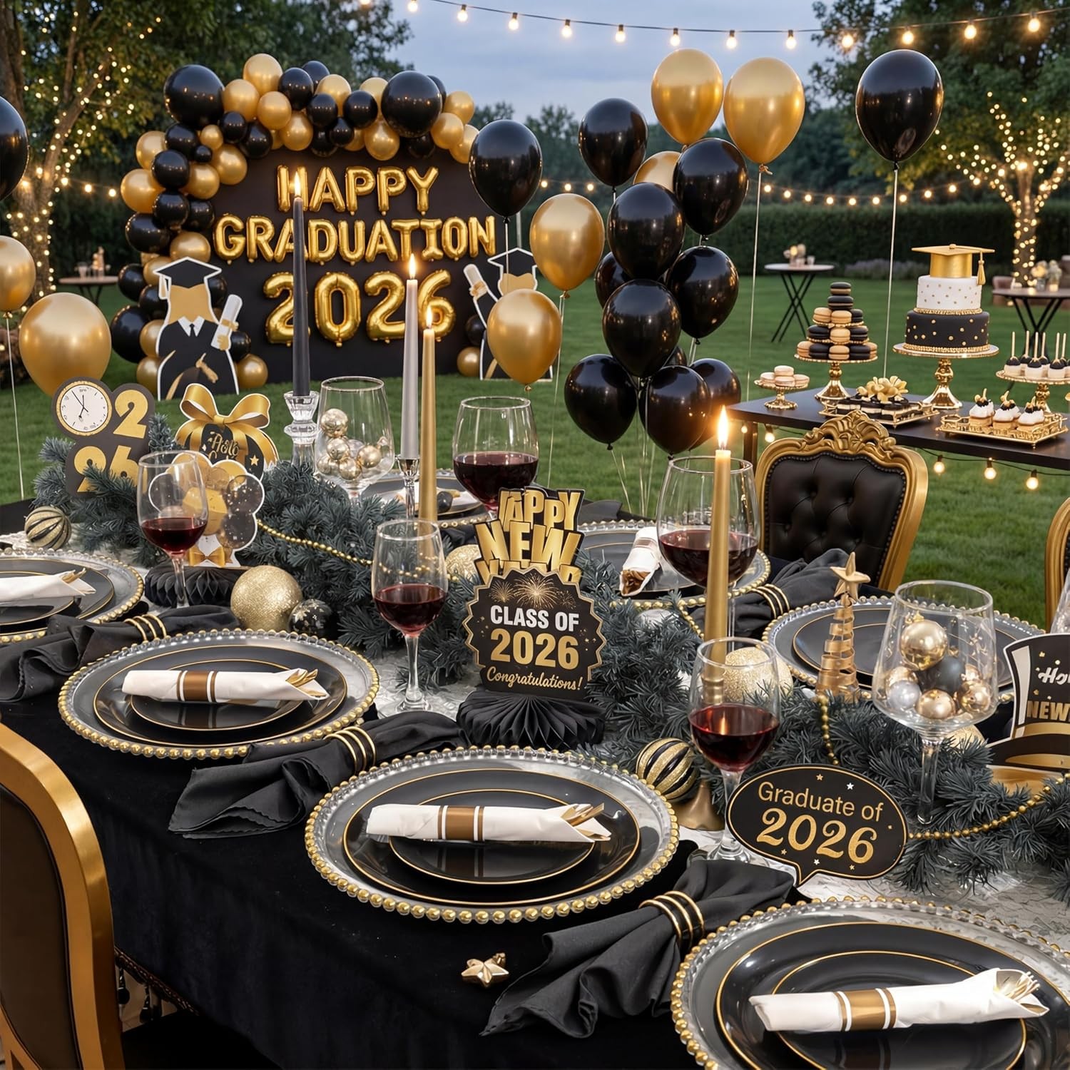 KIRE 350 PCS Plastic Dinnerware Set for 50 Guests – Black and Gold Plates 50 f