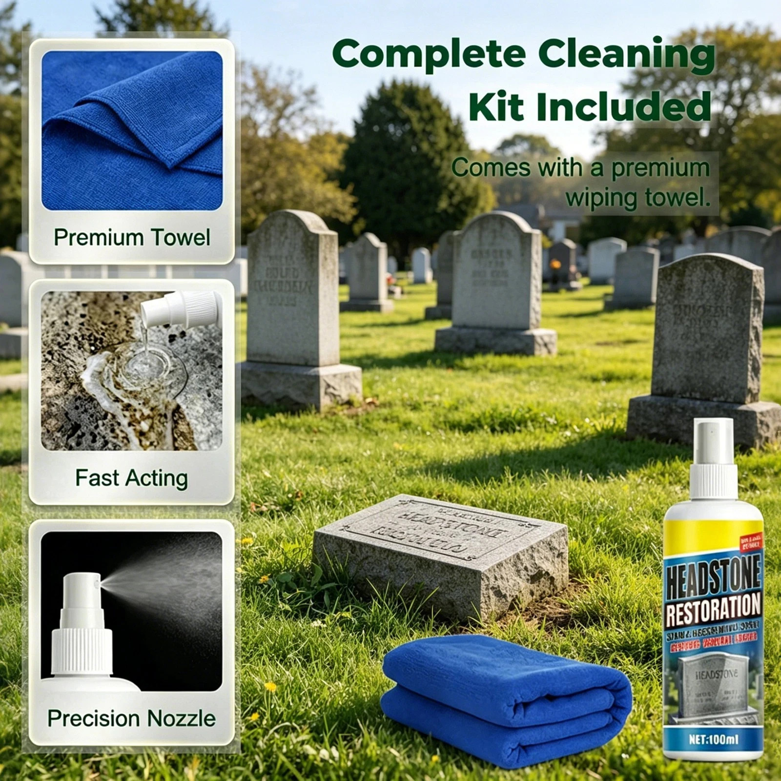 Headstone Cleaner Spray for Granite Marble Tombstone 100ml with TowelView Sold H