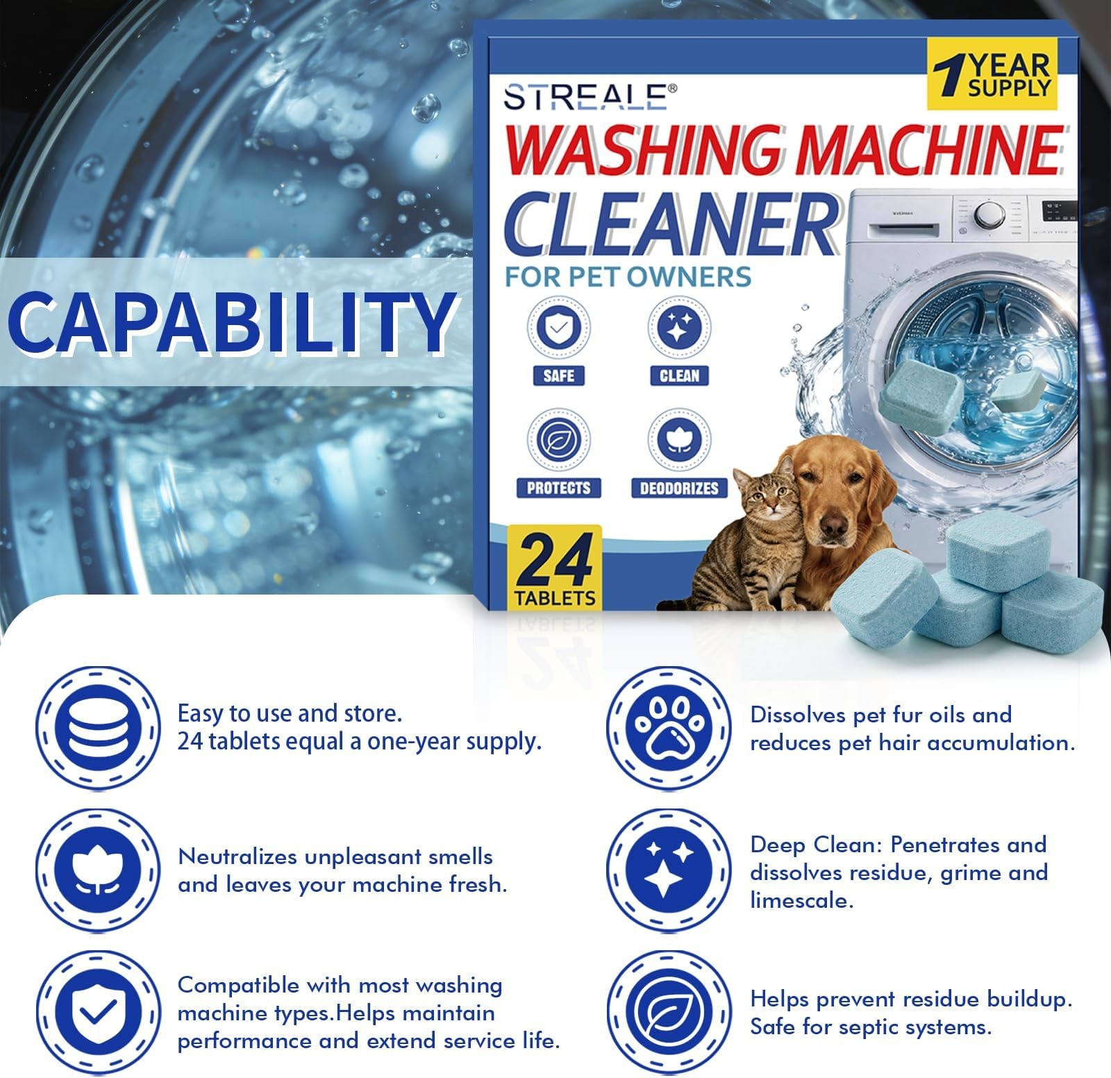Washing Machine Cleaner Tablets for Pet Owners -24Pack, Deep Clean Descaler,T…