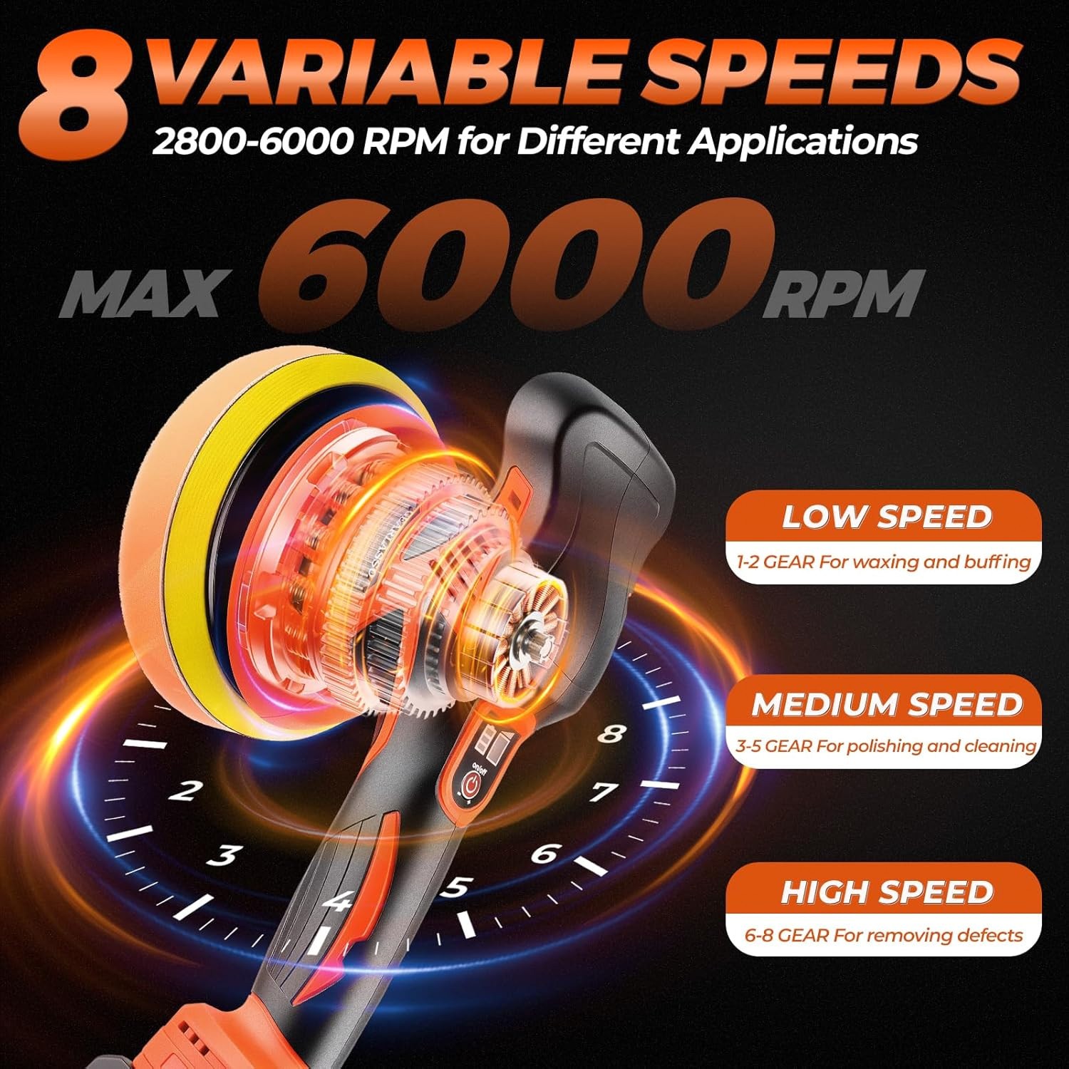 Car Buffer Polisher Cordless 8-Speed 2800-6000RPM 2x21V 17Pc (Orange & Black)