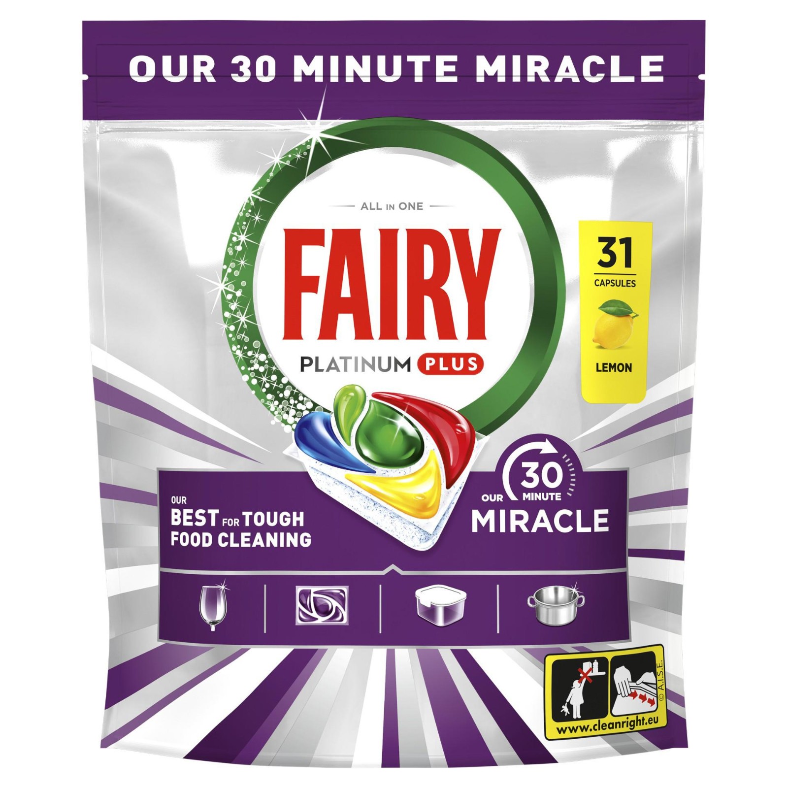 FAIRY PLATINUM PLUS 30MIN MIRACLE Dishwasher Capsules (31 capsules bag)