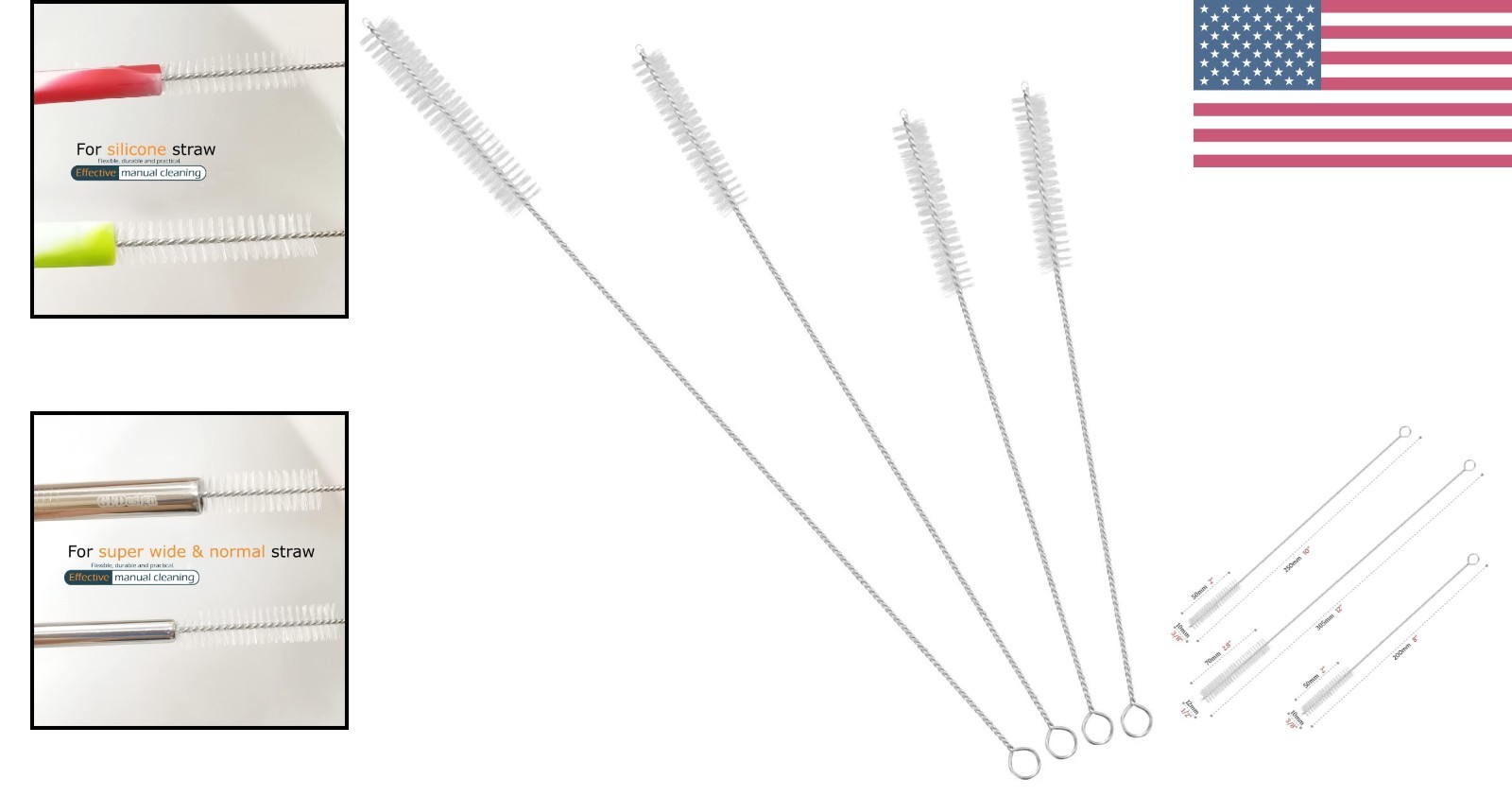 Eco-Friendly Nylon Straw Brush Set with Stainless Steel Handles – 4 Count