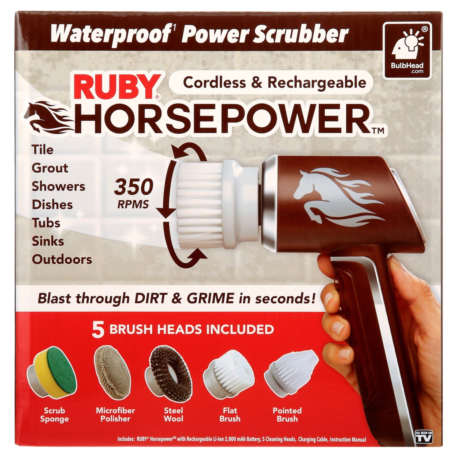 Horsepower 350 RPM Electric Scrubber, 5 Heads Waterproof Rechargeable