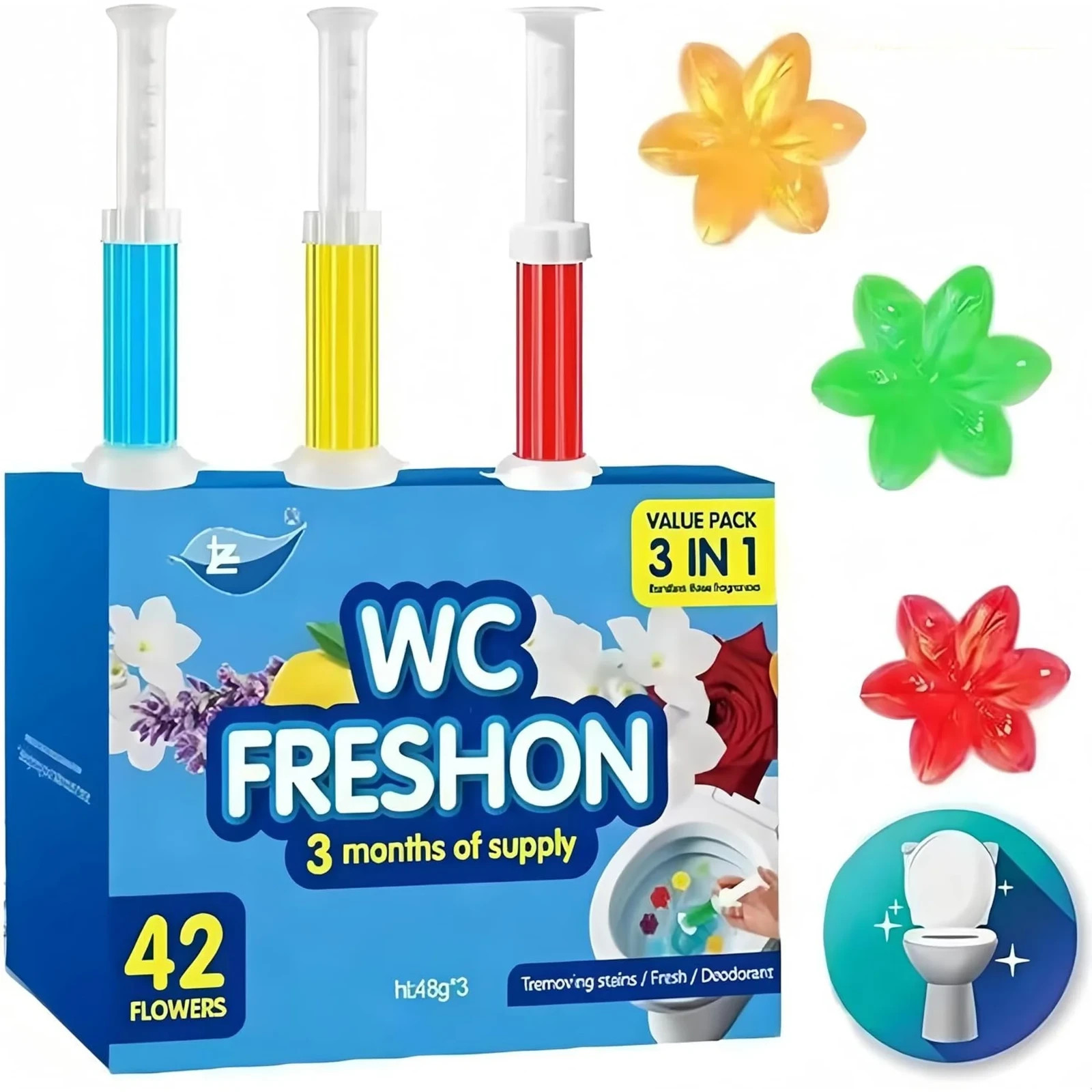 4 Packs Toilet Gel Freshon Set, 42 Flower Design 3 in 1 Value Pack w Dispenser