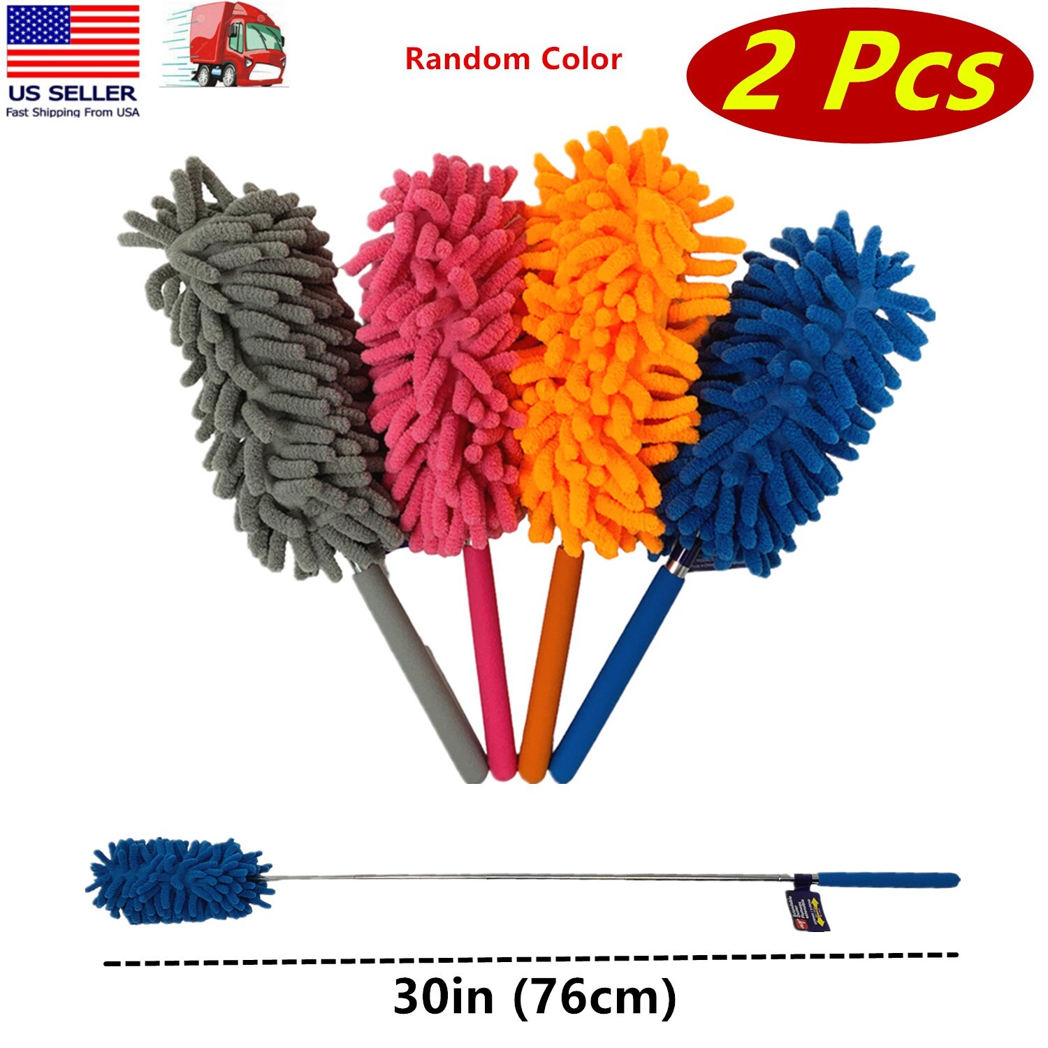 2 Pc Soft Microfiber Duster Cleaning Tool, Extendable & Bendable, Random Color