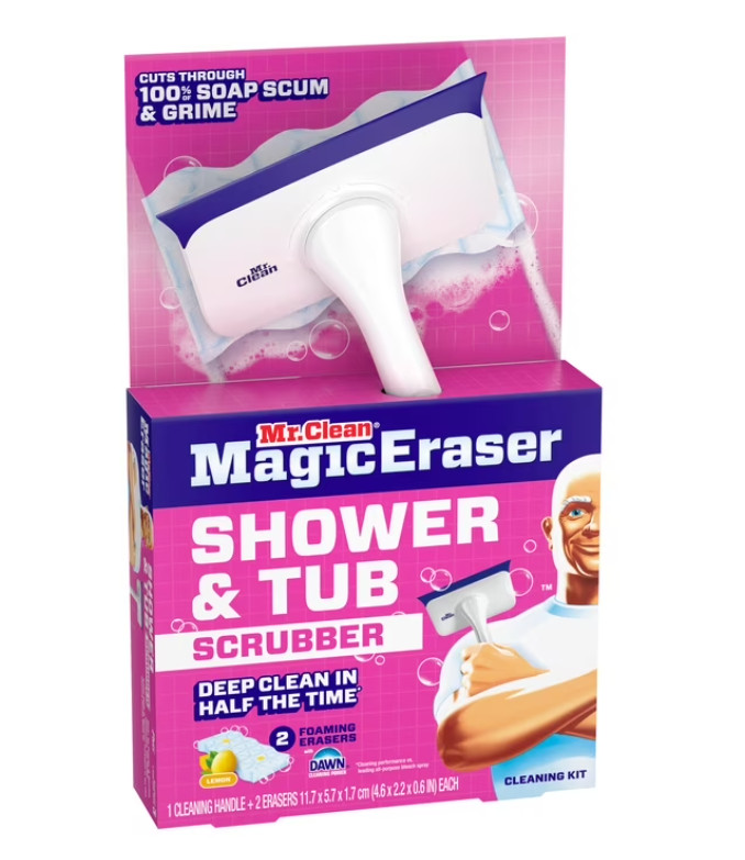 Mr. Clean Magic Eraser Shower & Tub Scrubber, 1 Device + 2 Refills, White