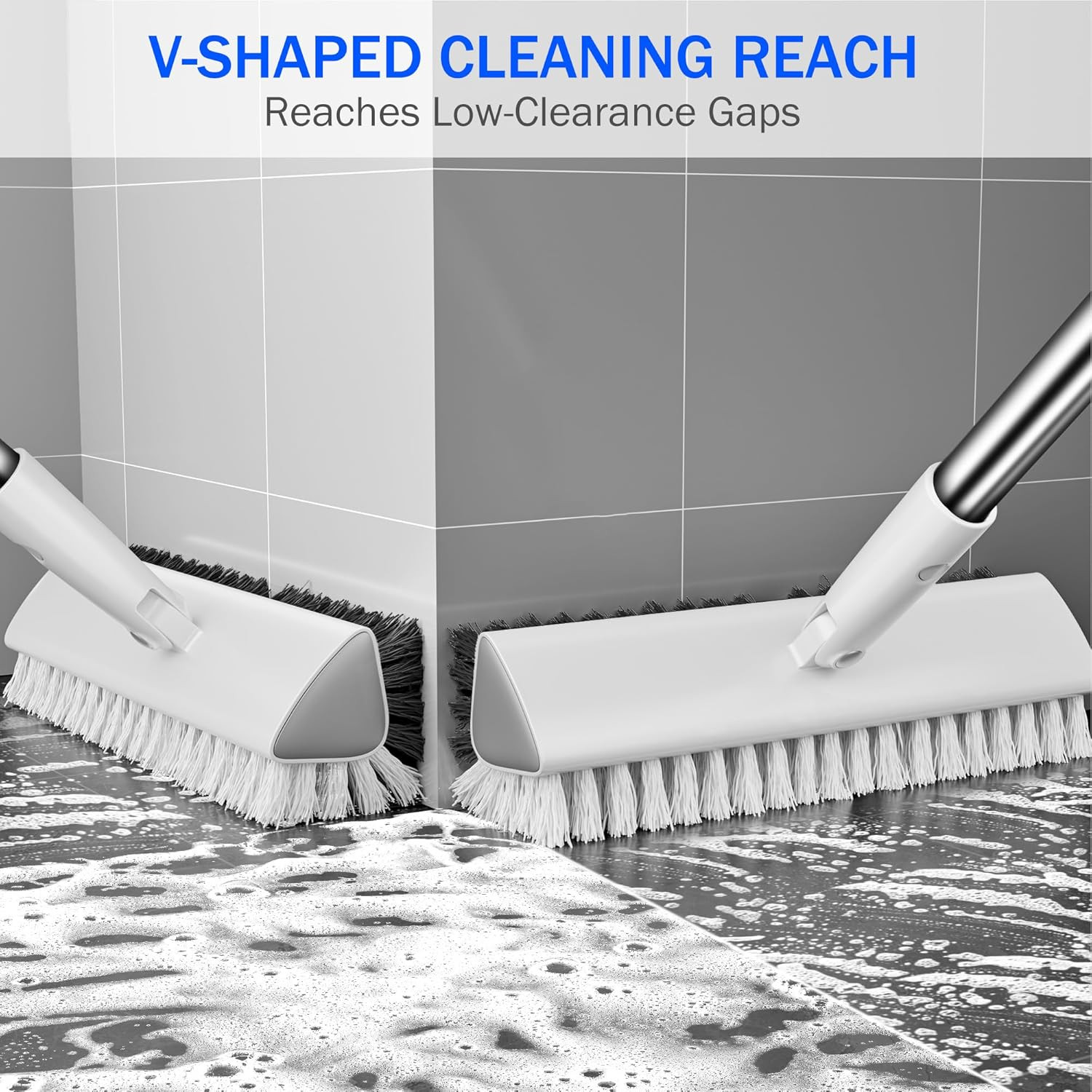 Grout Brush with Long Heavy Duty Handle, 180° Swivel Floor Scrub Brush, V-Shaped