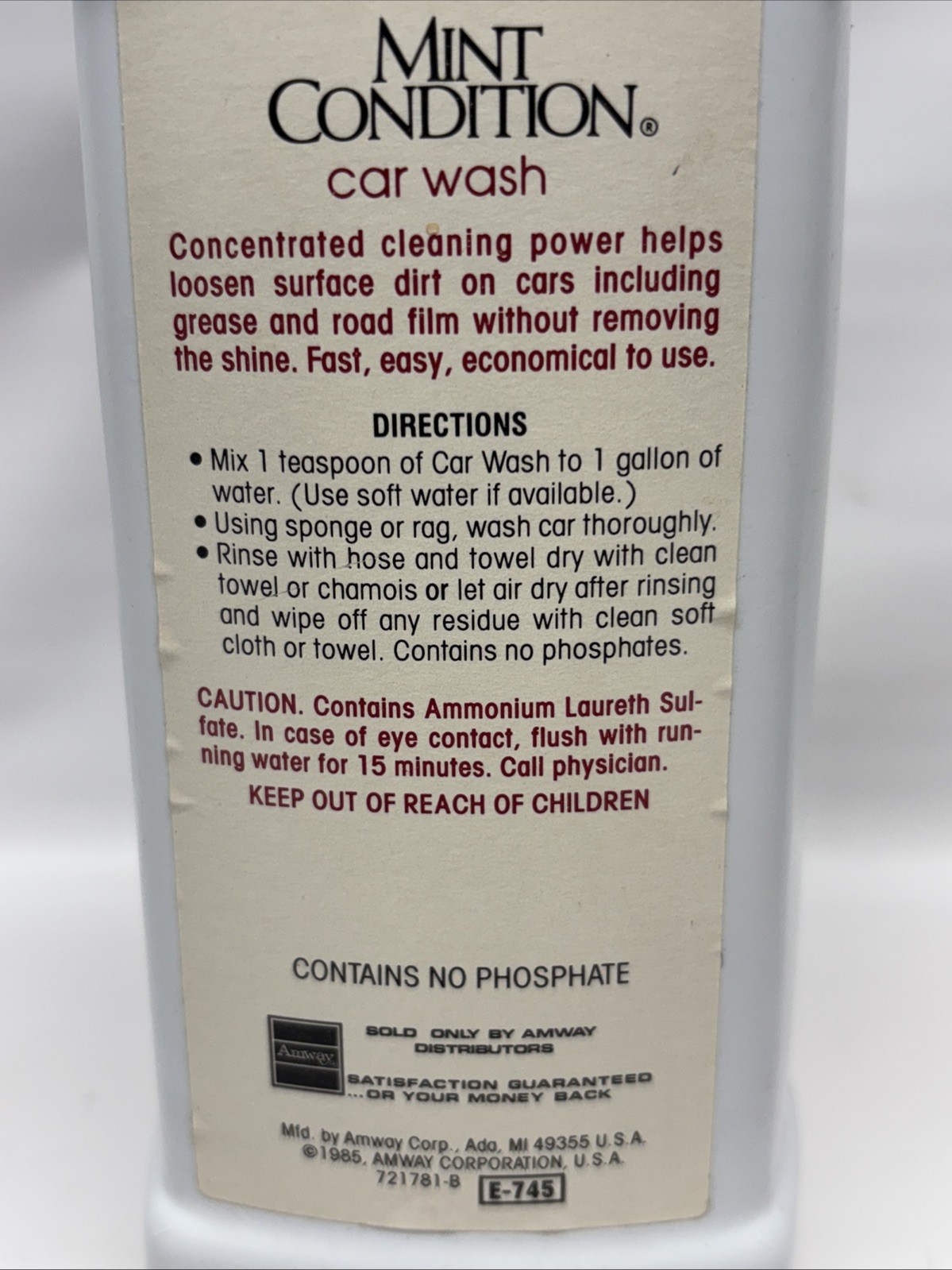 Vintage New Old Stock AMWAY Mint Condition Car Wash 32 fl. oz. 1985