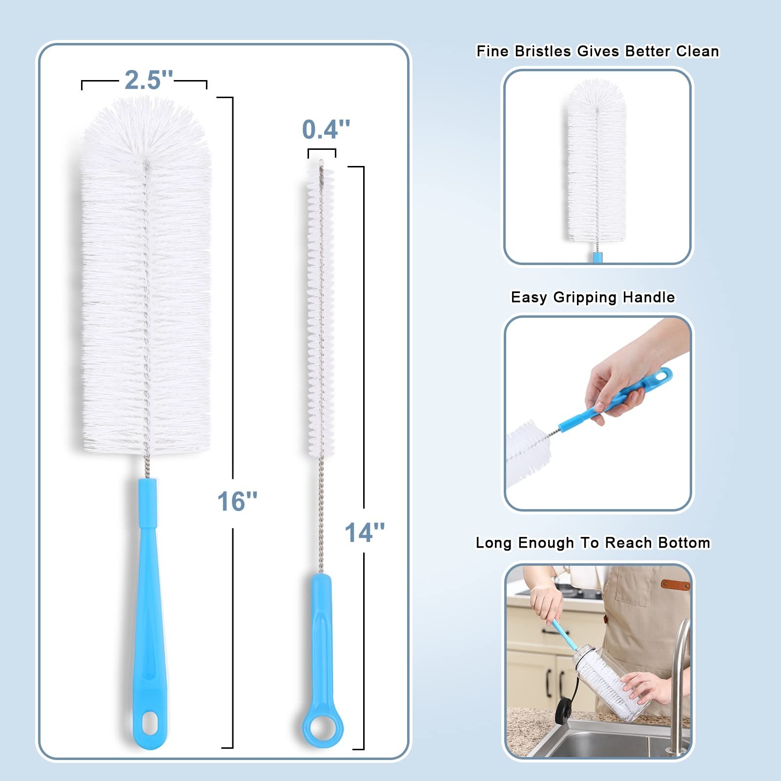 Bottle Brush Cleaner 16 Inch, Water Beer Jug Scrubber, 2 Pack