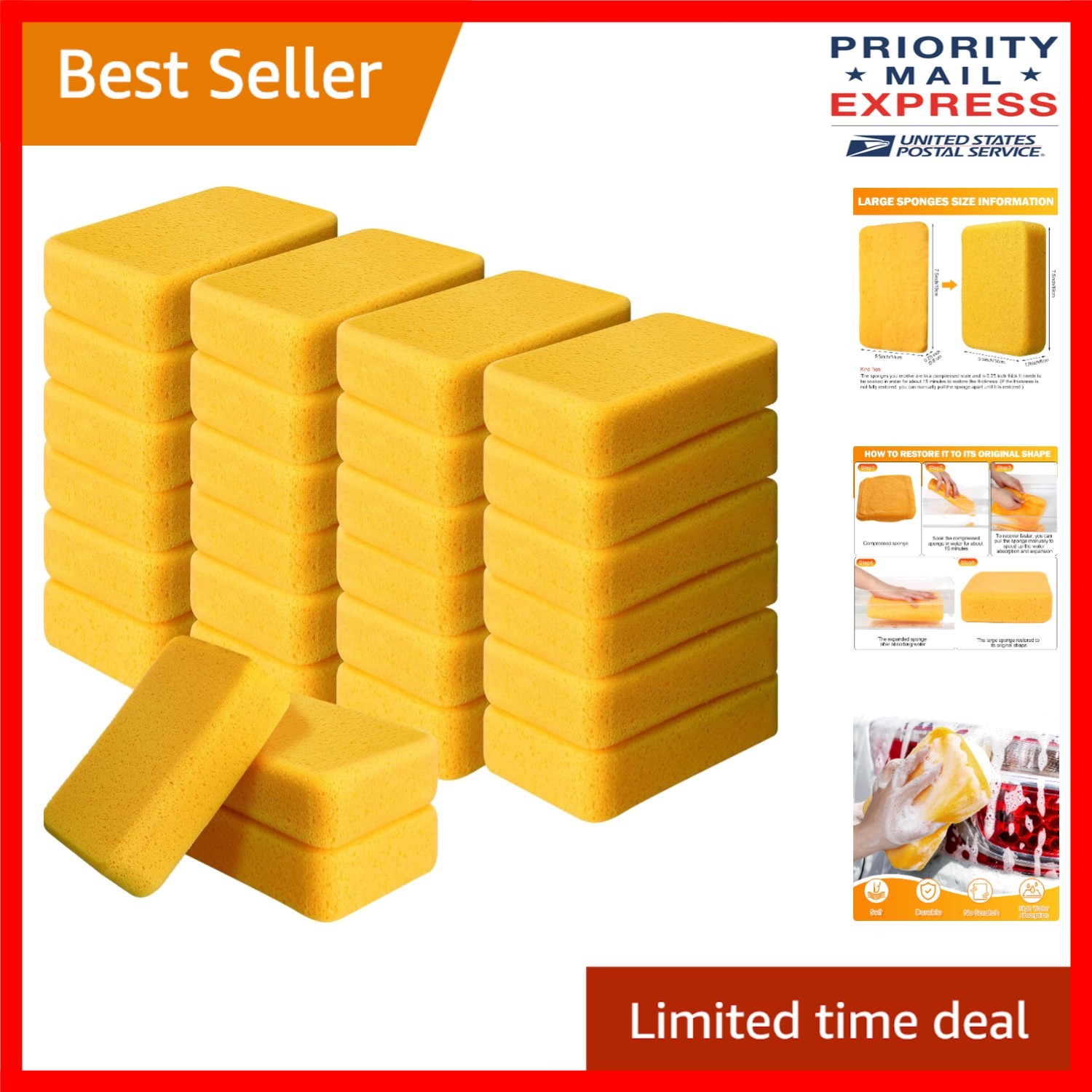 24 Large Yellow Cleaning Sponges 7.5 x 5.5 in for Efficient Household Cleaning