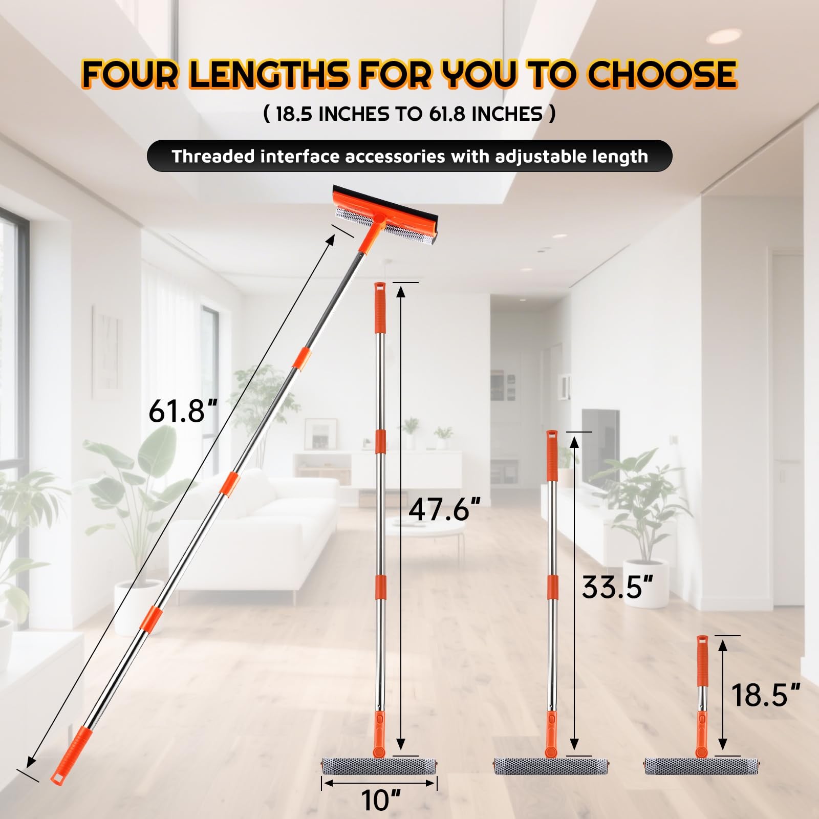 Window Squeegee with 62″ Adjustable Stainless Steel Pole —2-in-1 Sponge Scrub…