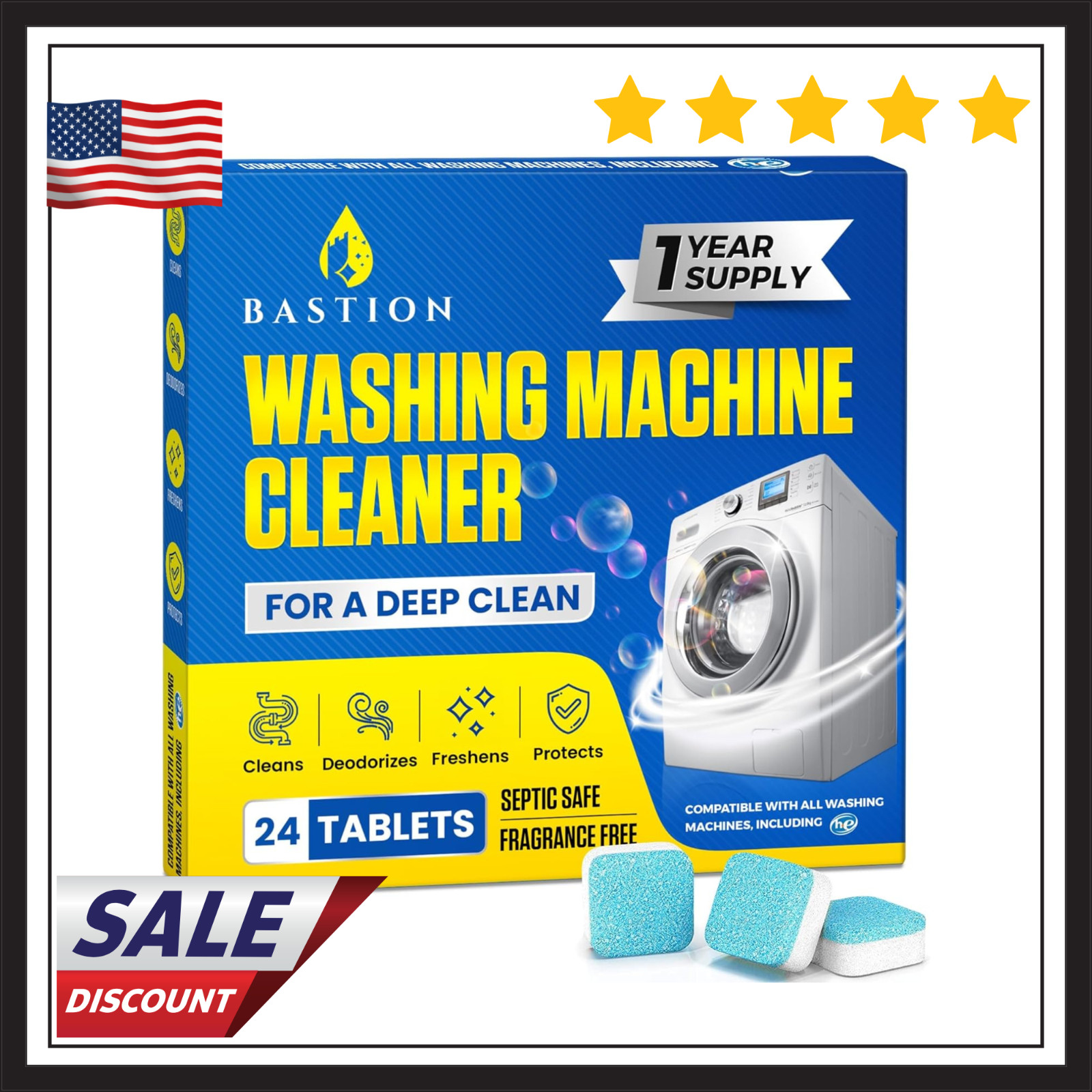 Bastion Washing Machine Cleaner, Deodorizer, & Descaler – 24 pack