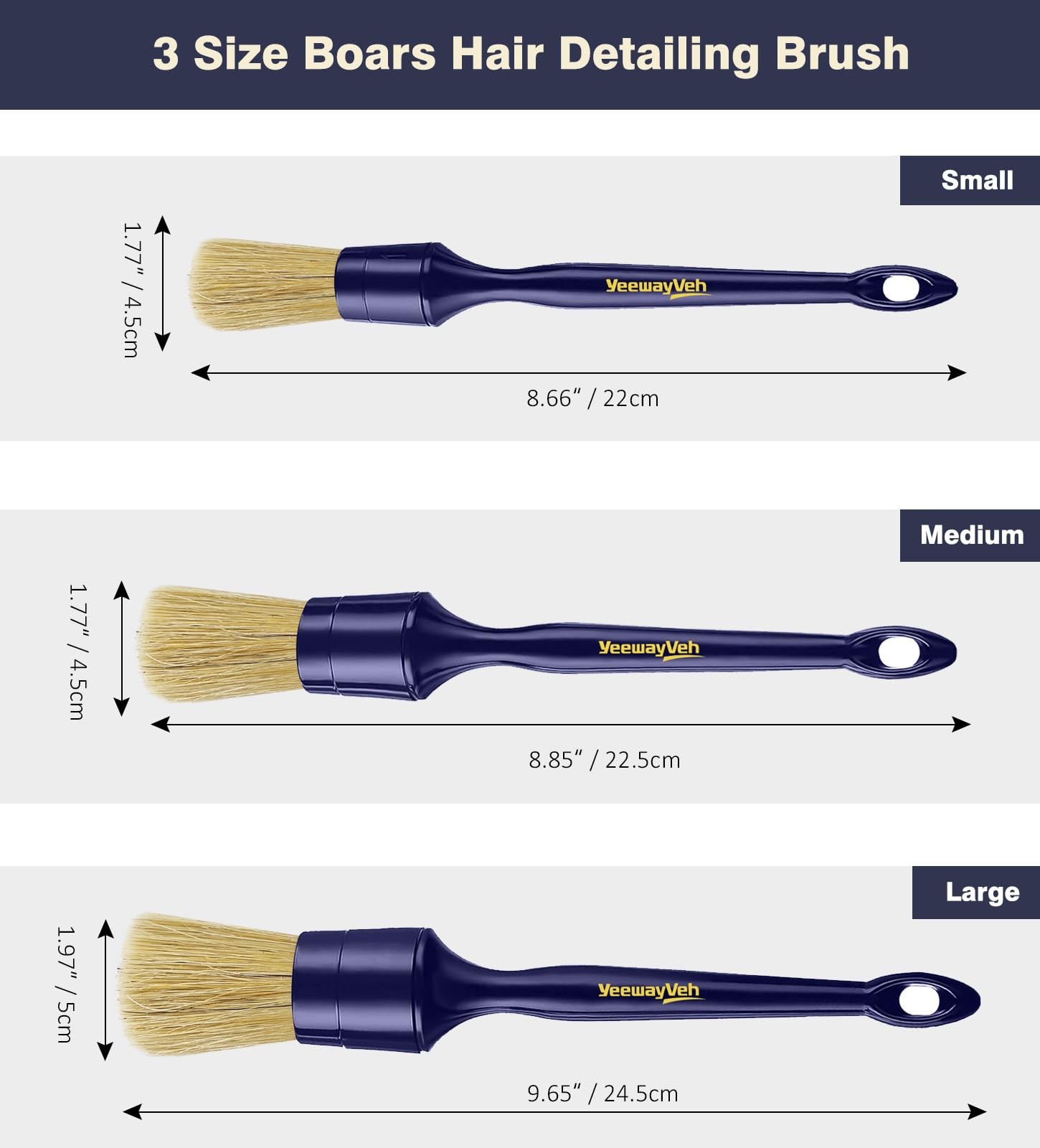 Car Detailing Brush Set, 3 Pack Ultra Soft Boars Hair Detailing Brushes for