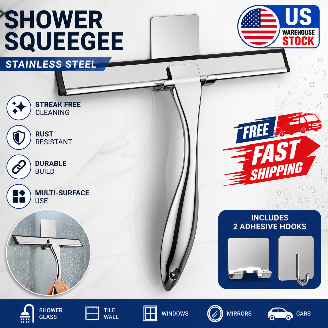Stainless Steel Shower Squeegee Glass Door Window Mirror Cleaner wiper Hooks US