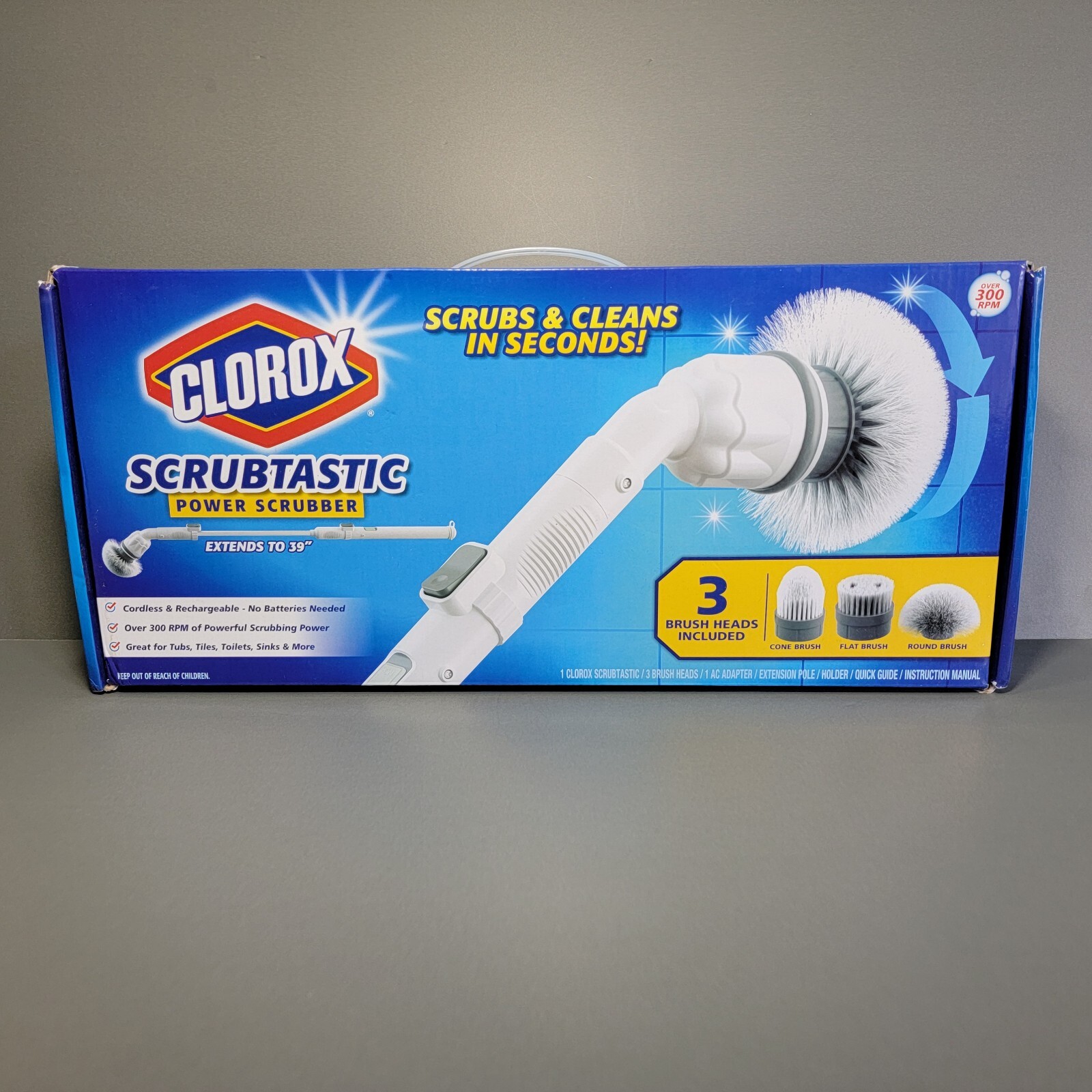 Clorox Deluxe Scrubtastic Power Scrubber 39″ Reach 3 Brush Heads Rechargeable