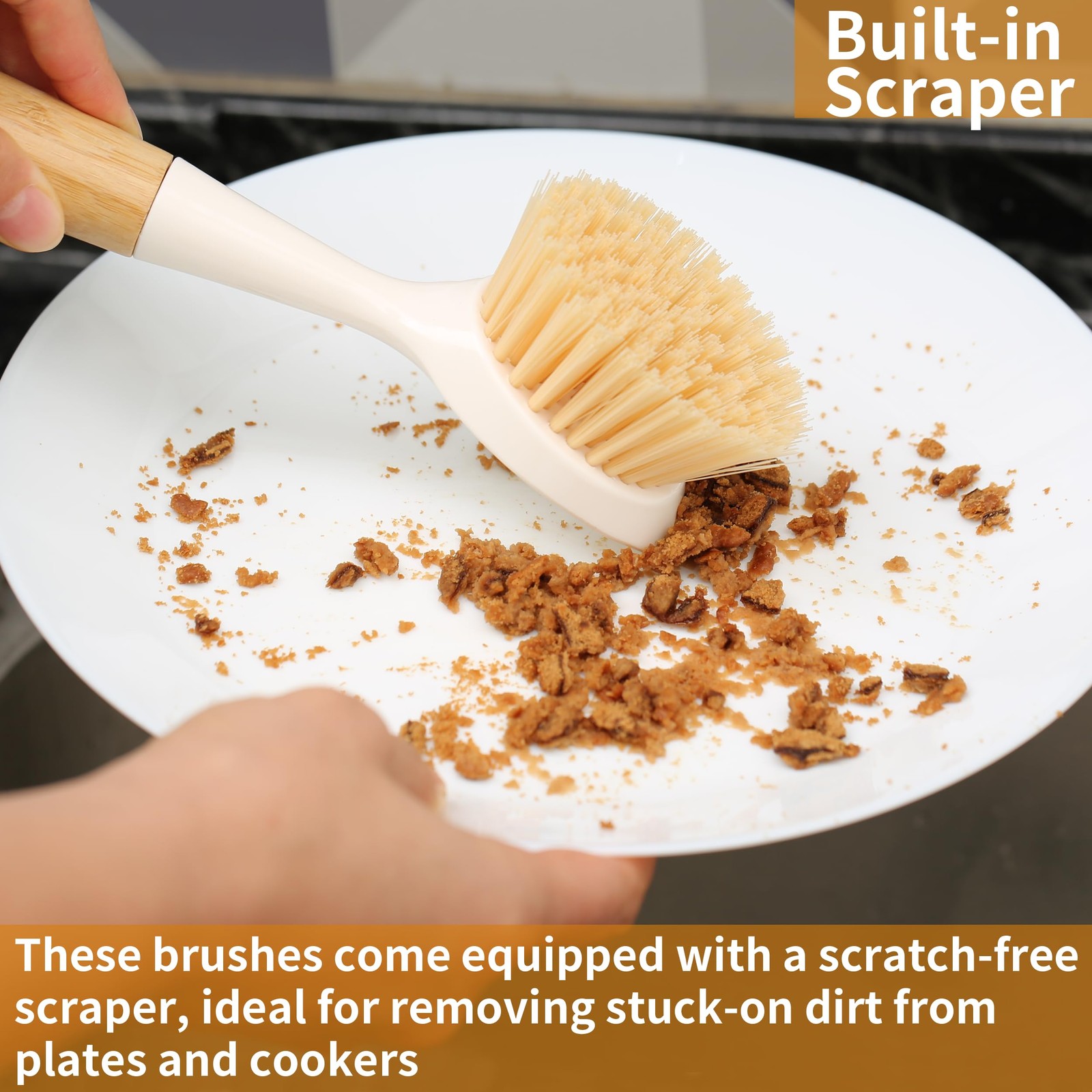 2 Pack Kitchen Dish Brush Bamboo Handle Dish Scrubber Builtin Scraper Scrub Brus