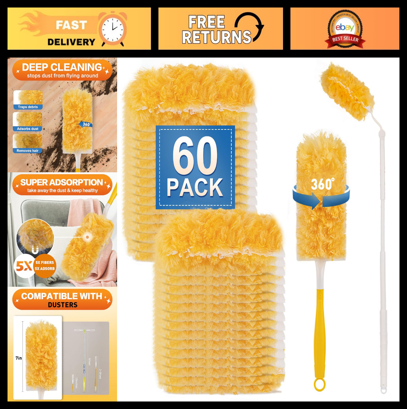 Heavy Duty Disposable Duster Refills Kit, 360° Multi-Surface Cleaning Tool, 3FT