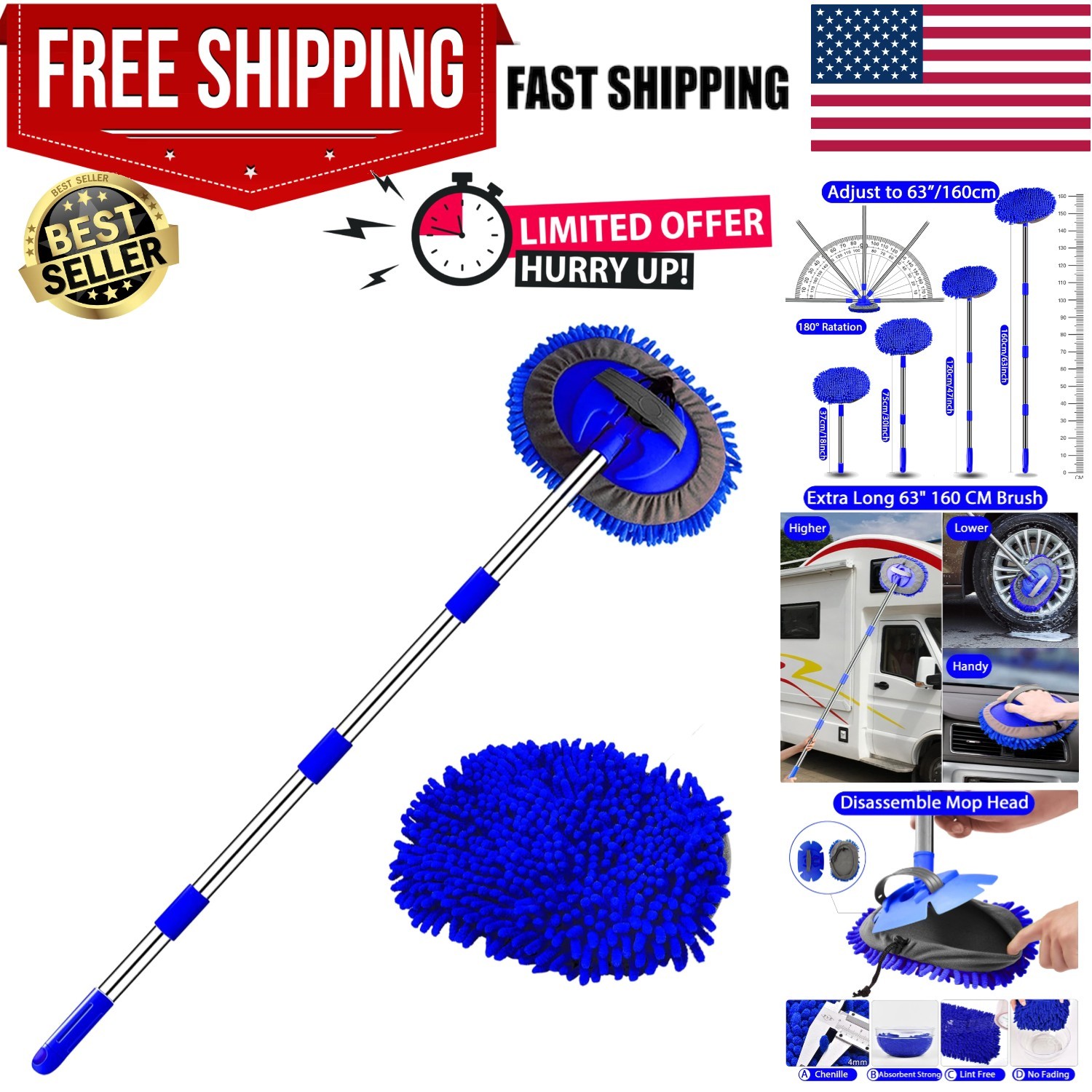 Car Wash Brush Kit – 63″” Long Handle Microfiber Cleaning Brush for Car RV Truck