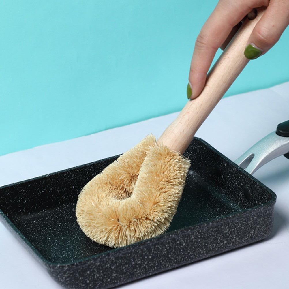 2pcs Kitchen Pot Brush Natural Bristle Wooden Handle Utensil Cleaning Brush