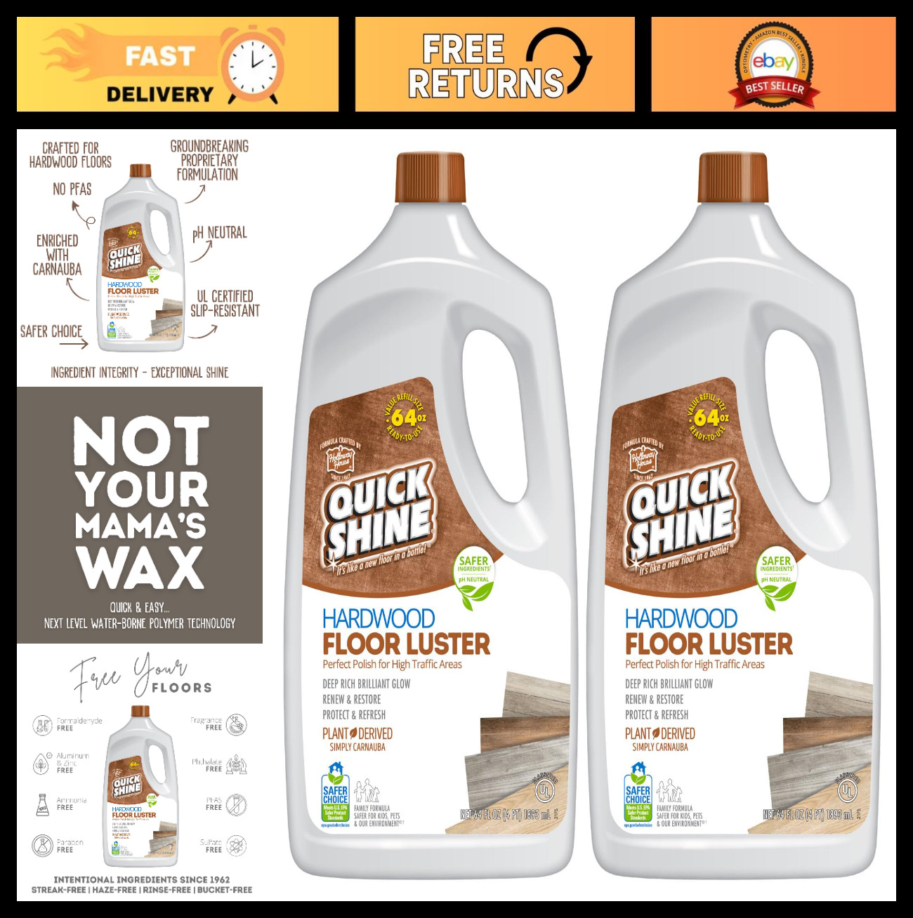 Hardwood Floor Polish 64oz 2-Pack – Plant-Derived, pH Neutral, Anti-Slip, Ready