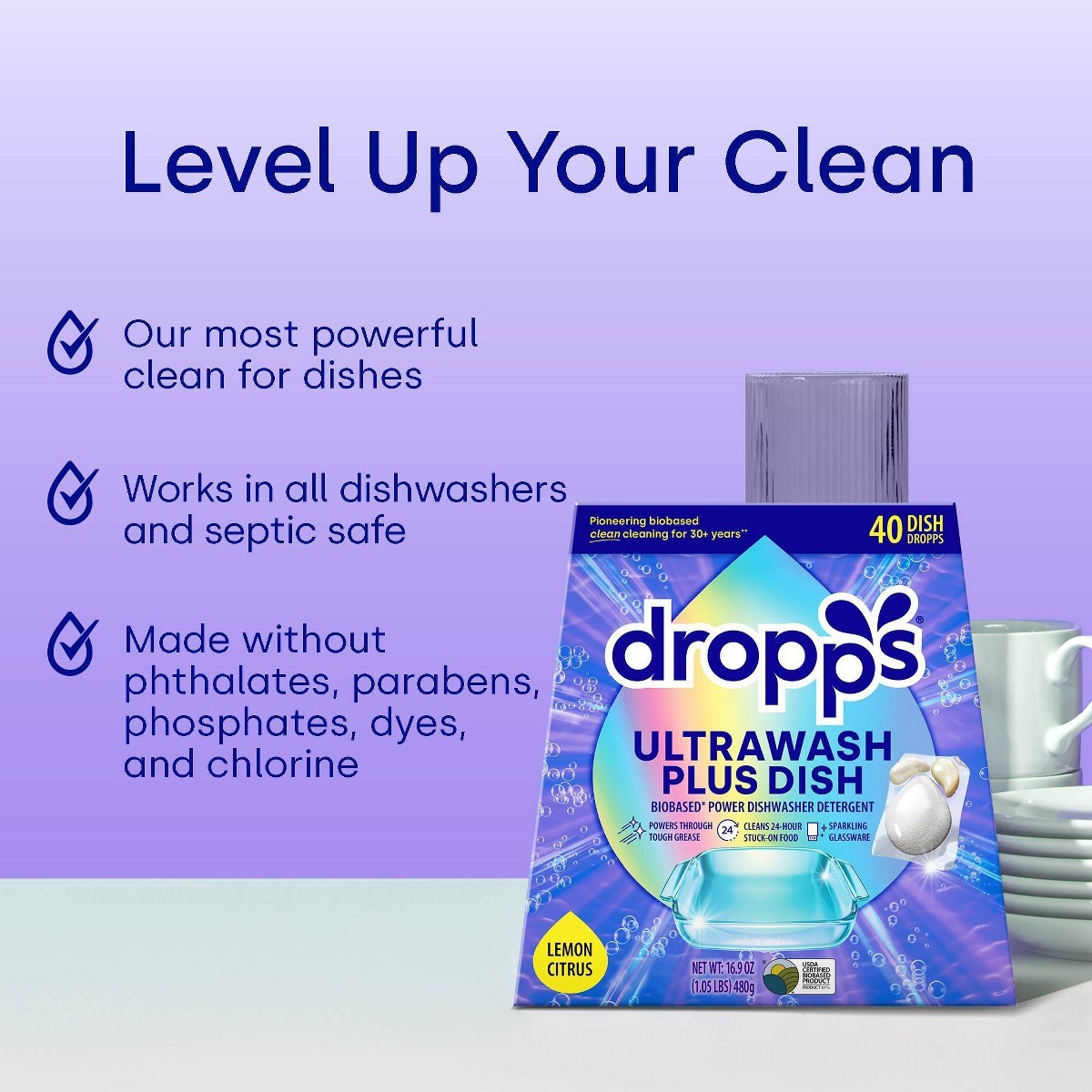 Dropps Dish UltraWash Plus Biobased Detergent Pods – Lemon Citrus – 16.93oz/40ct