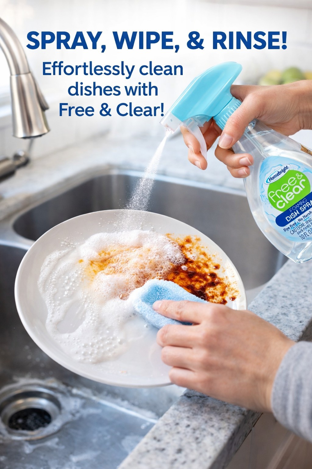 Homebright Free & Clear Foaming Dish Spray, 3 Pack