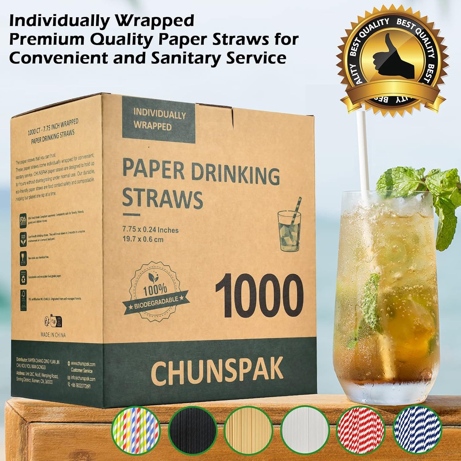 Brown Kraft Paper Drinking Straws, 7.75″ Long, 0.24″ Wide – Individually Wrapp