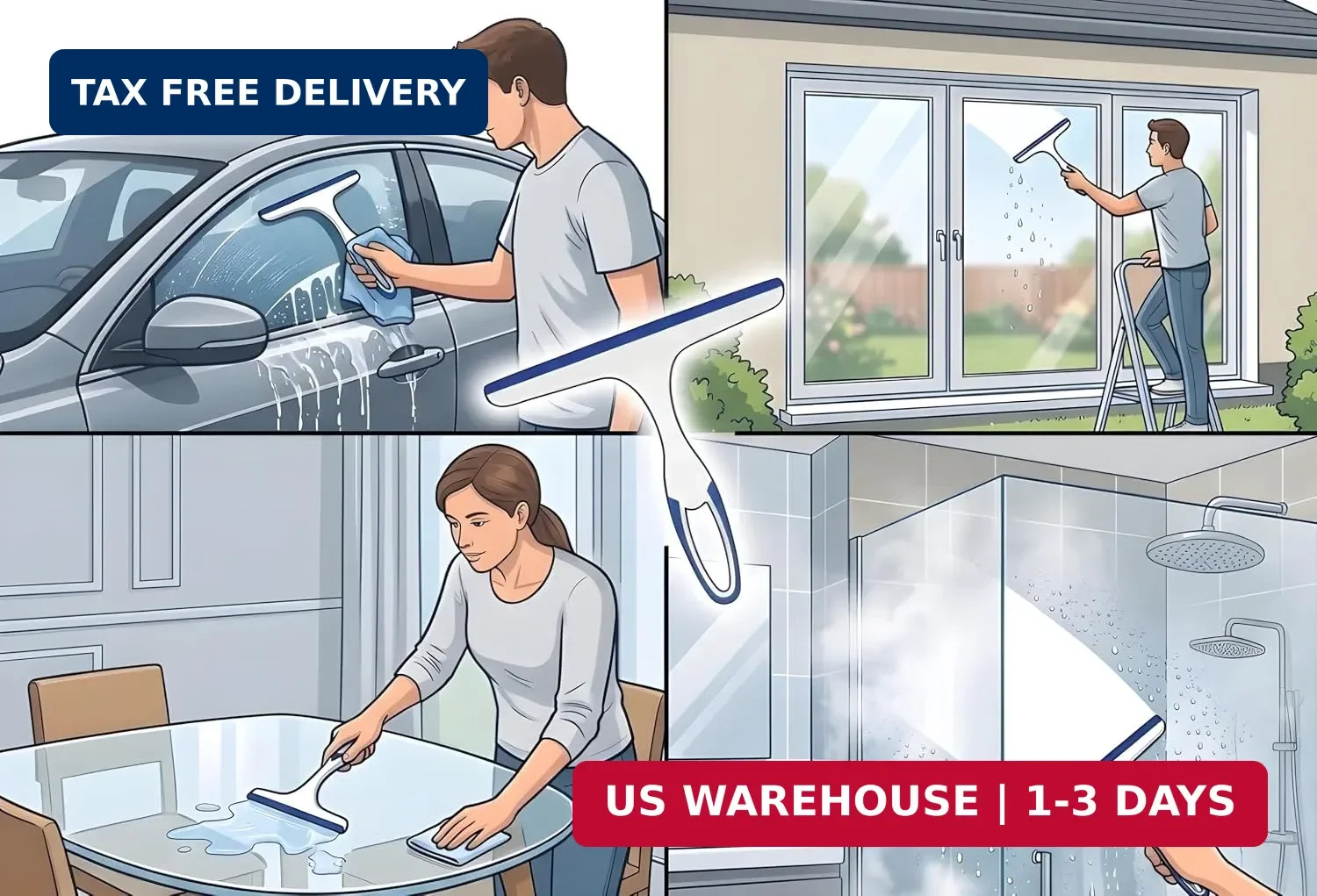 2 Pack Shower Squeegee for Glass Doors – 9.5″ Silicone Blade Window Cleaner Tool