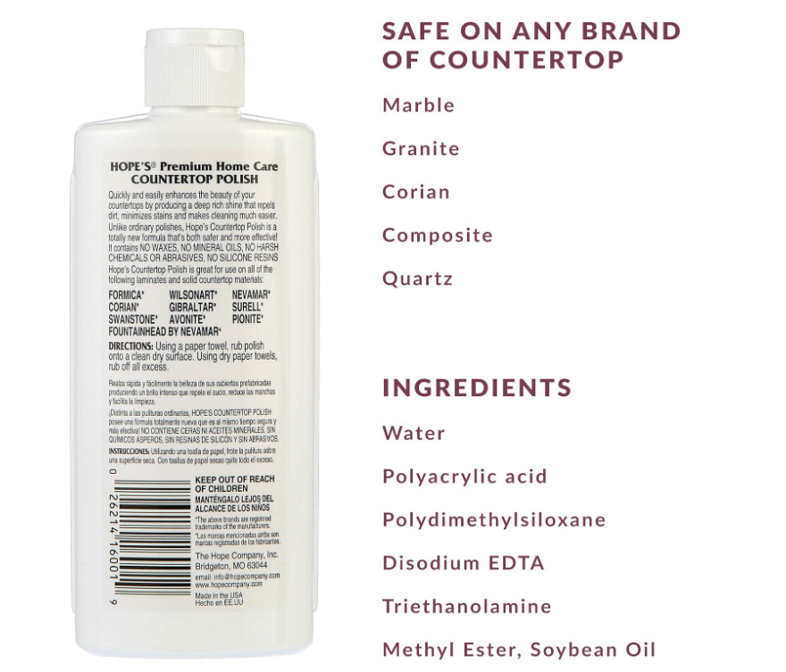 HOPE’S Countertop Restoration Polish, Streak-Free Kitchen Counter Cleaner, No 8