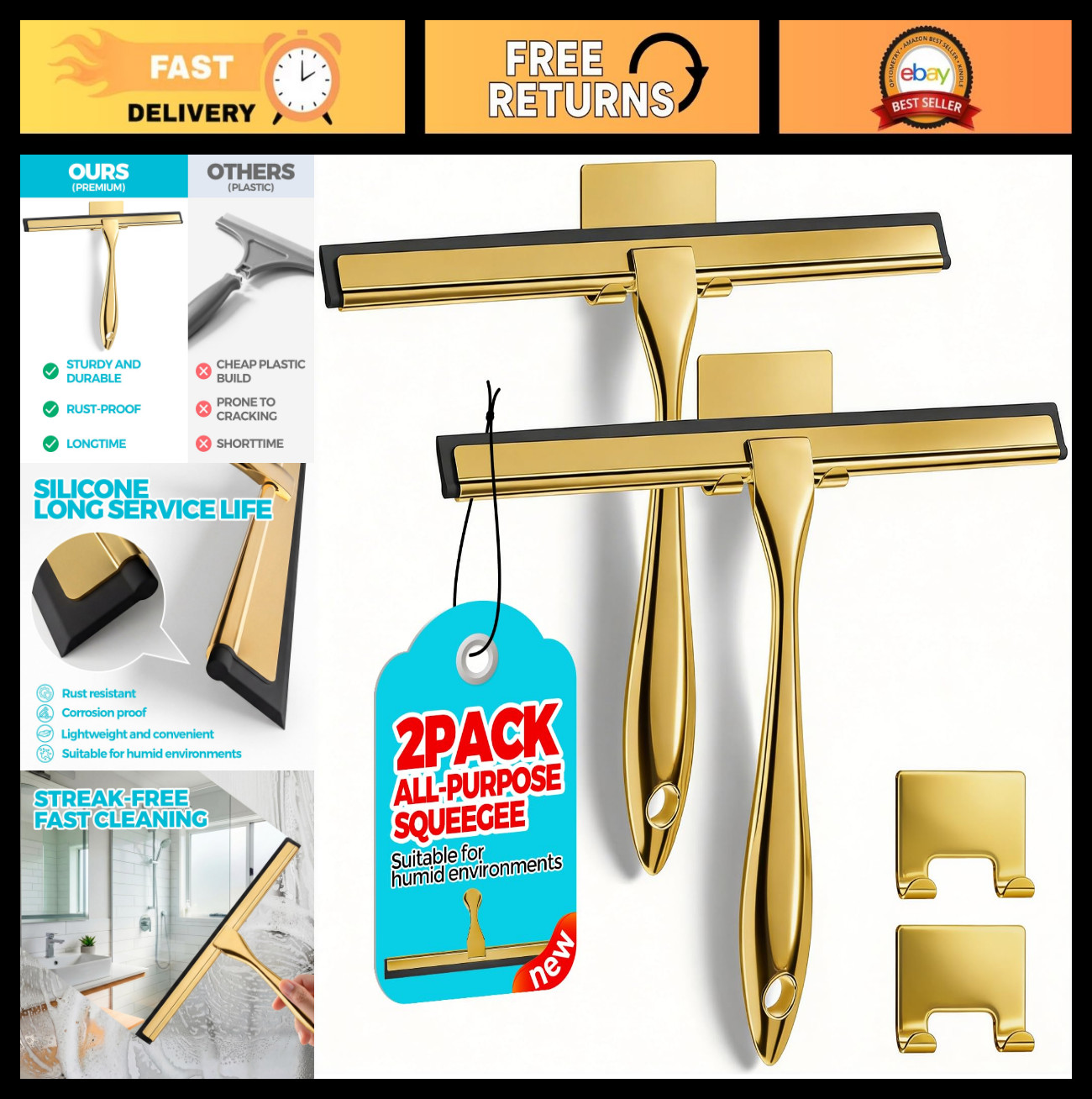 2pcs Gold Shower Squeegee Set with Hook | 10” Soft Rubber Blade, Metal Handle, B