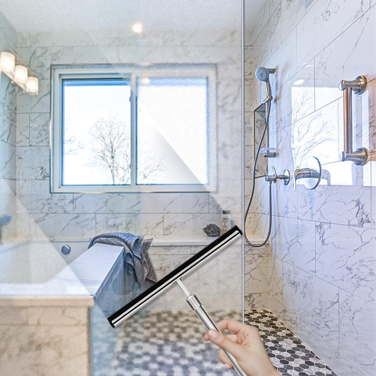 Shower Squeegee with Long Handle for Glass Doors, Tile Walls, Mirrors and Win…