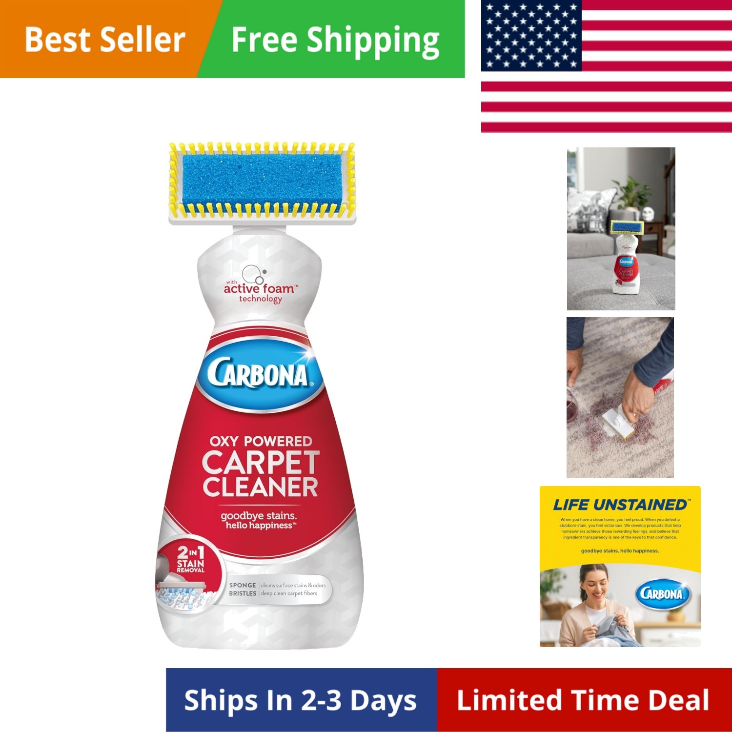 2-in-1 Oxy-Powered Carpet Cleaner 13.5 Fl Oz, Spot Cleaner with Dual Sponge &…