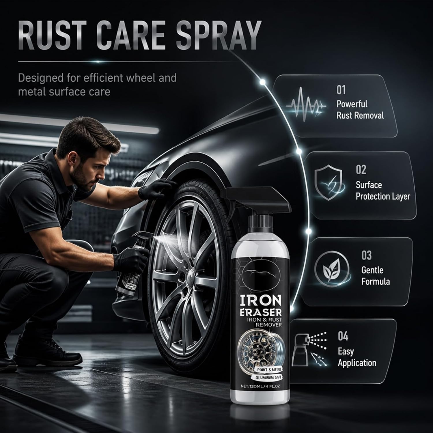 Iron Eraser Rust Remover Spray, Car Wheel Paint Brake Dust Fast Cleaner 120ML US