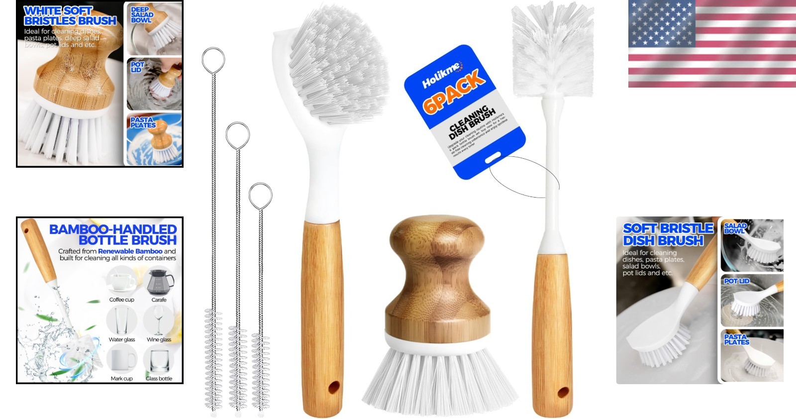 6-Piece Eco-Friendly Dish Brush Set with Bamboo Handle for Effortless Cleaning