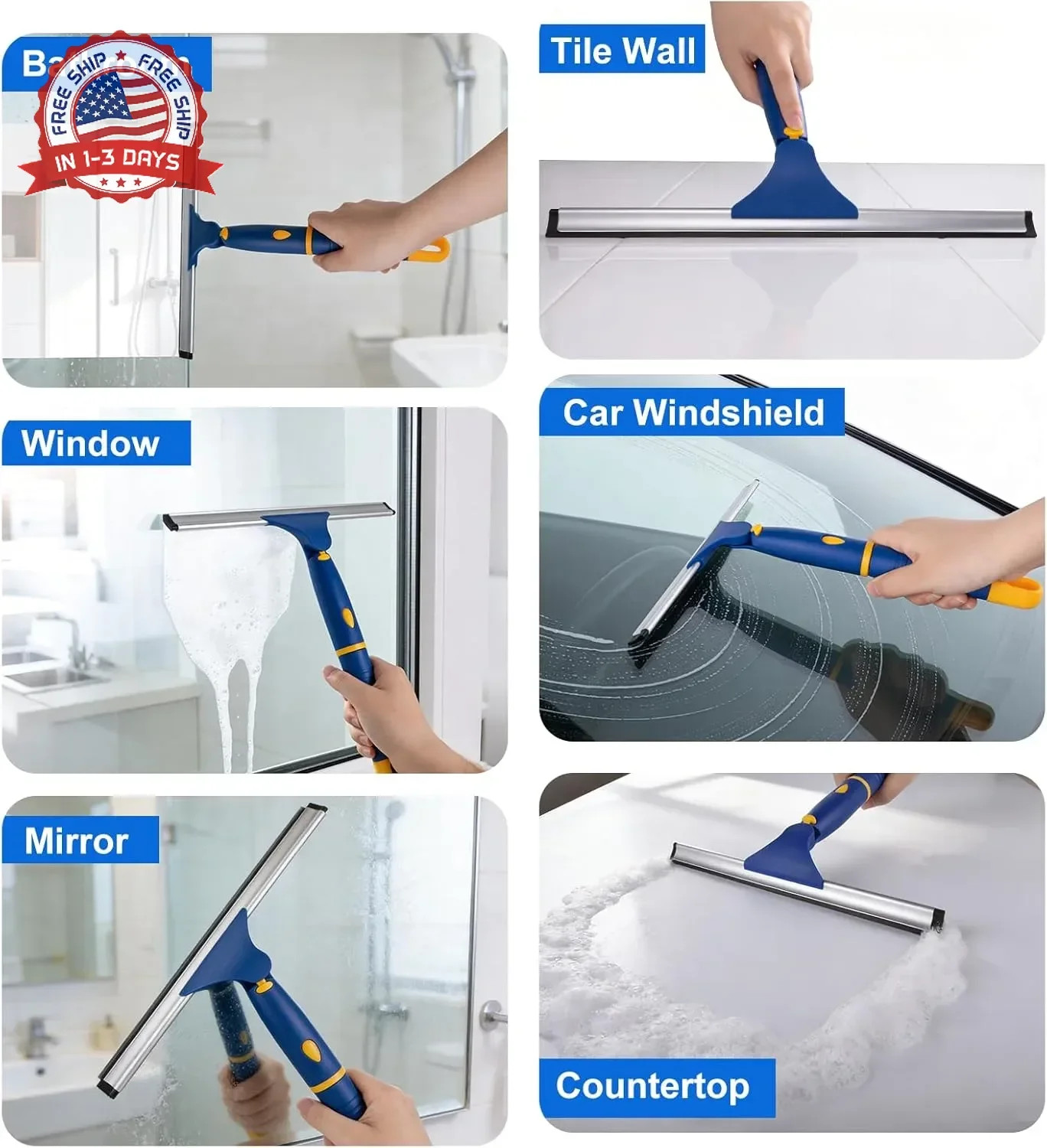 12 Inch Rotatable Shower Squeegee Heavy-Duty Rubber Blade for Bathroom Glass Cle