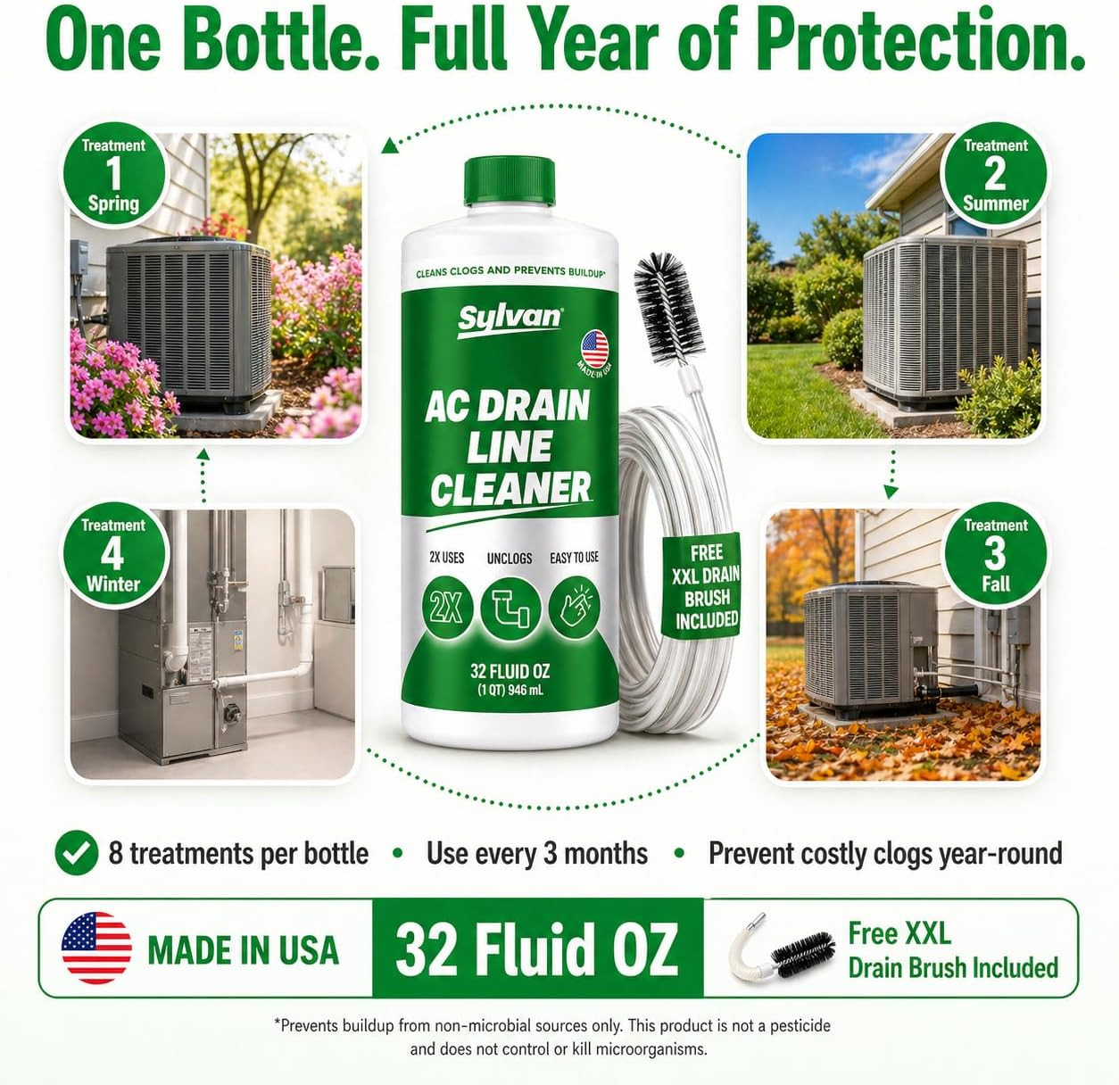 AC Drain Line Cleaner | Free Drain Brush | 32 Oz | 12 Month Supply | US Made | U