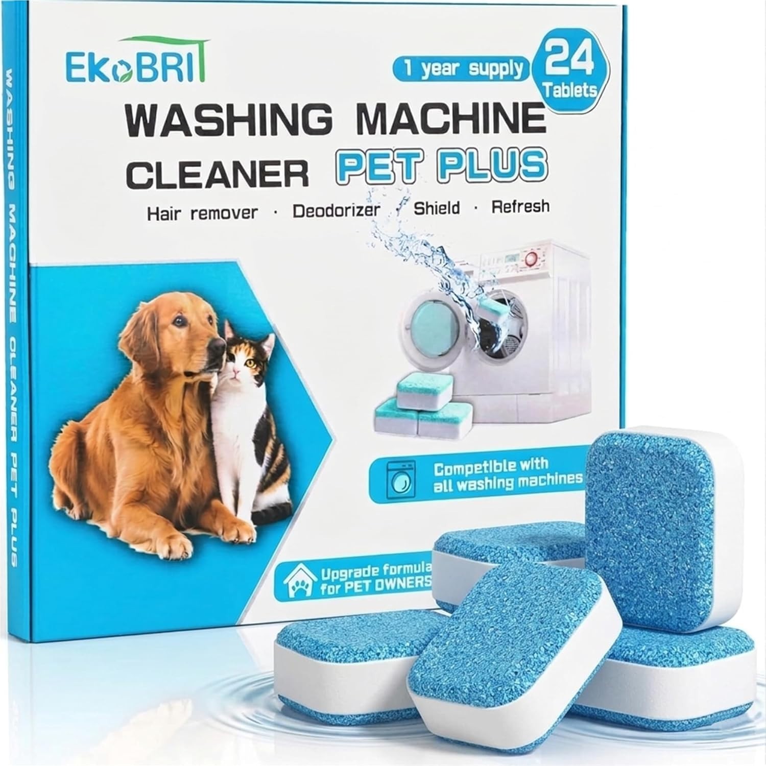 24 Enzyme Washing Machine Cleaning Tablets – Deep Clean Pet Hair, Top/Front Load