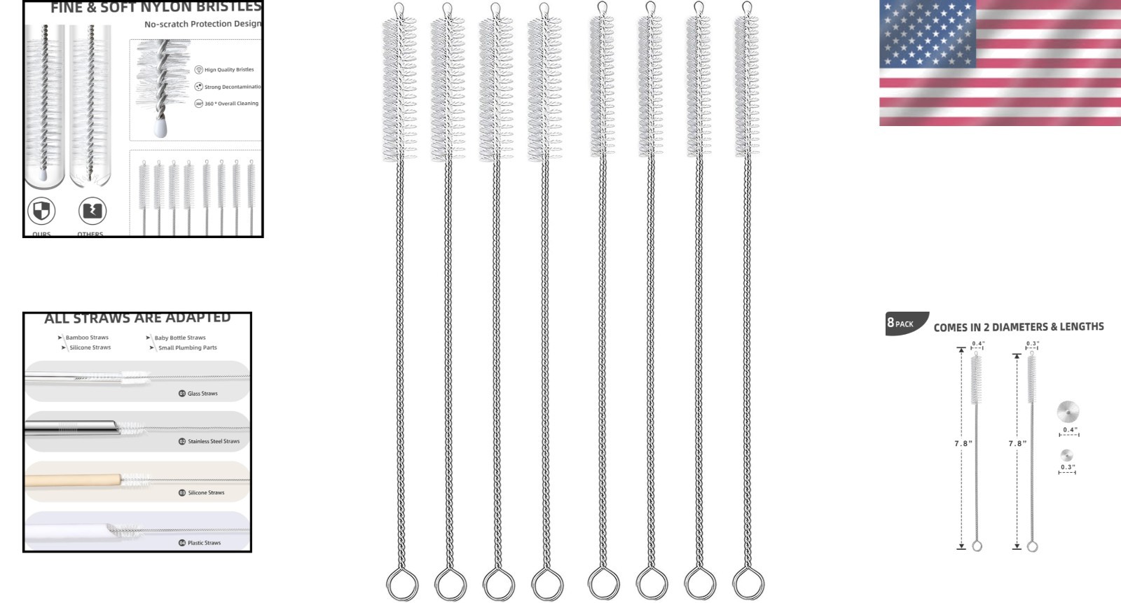 8-Piece Eco-Friendly Straw Cleaner Brush Set for Tumblers & Hummingbird Feeders