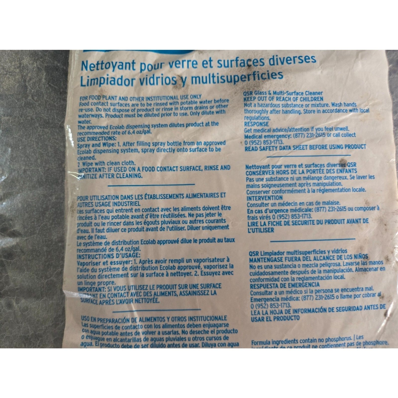 ECOLAB Kay QSR Glass & Multi-Surface Cleaner Refill Bag 2 Gallons-Unused