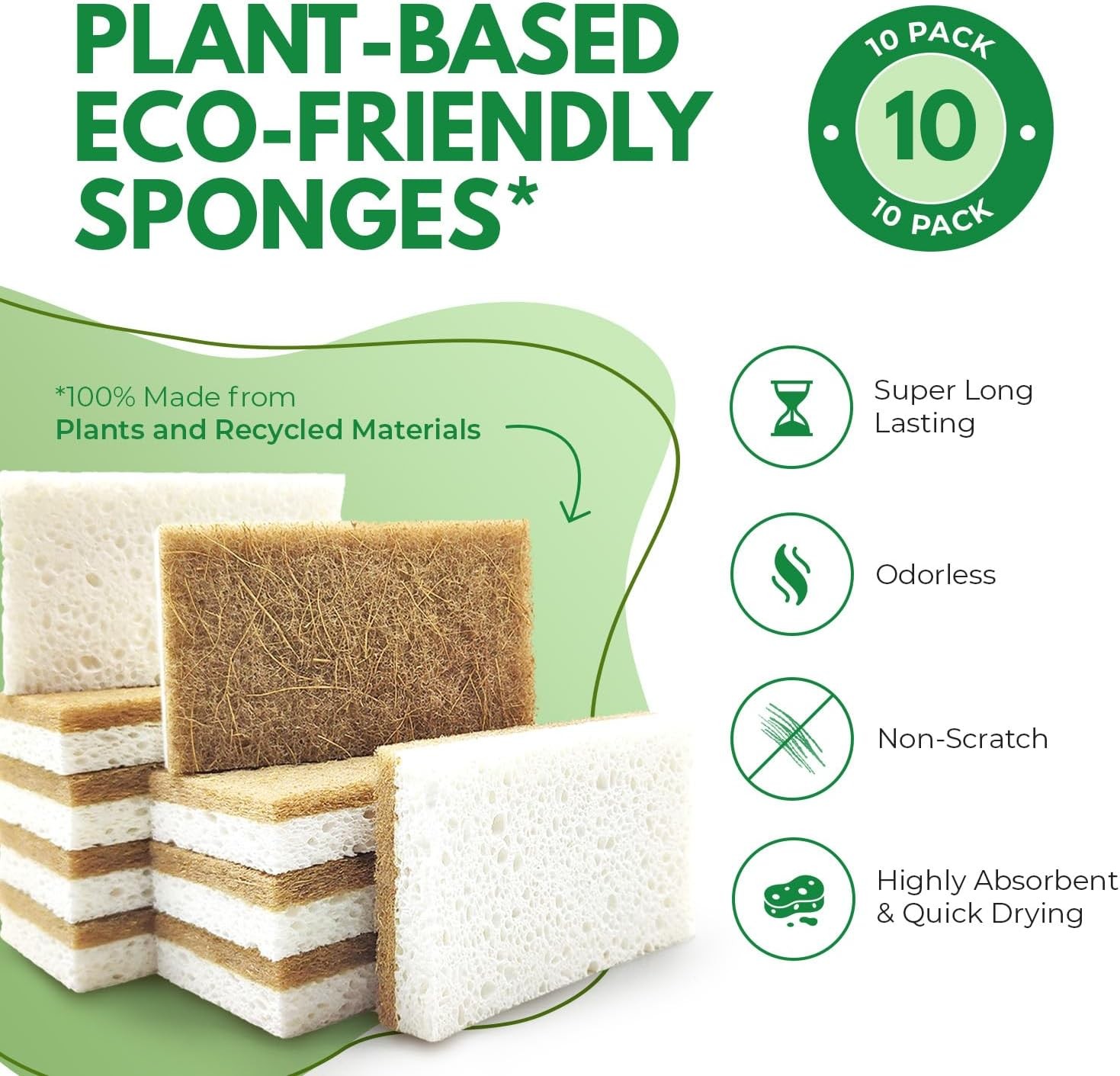 10 Pack Biodegradable Natural Kitchen Sponge – Compostable Cellulose and Coconut