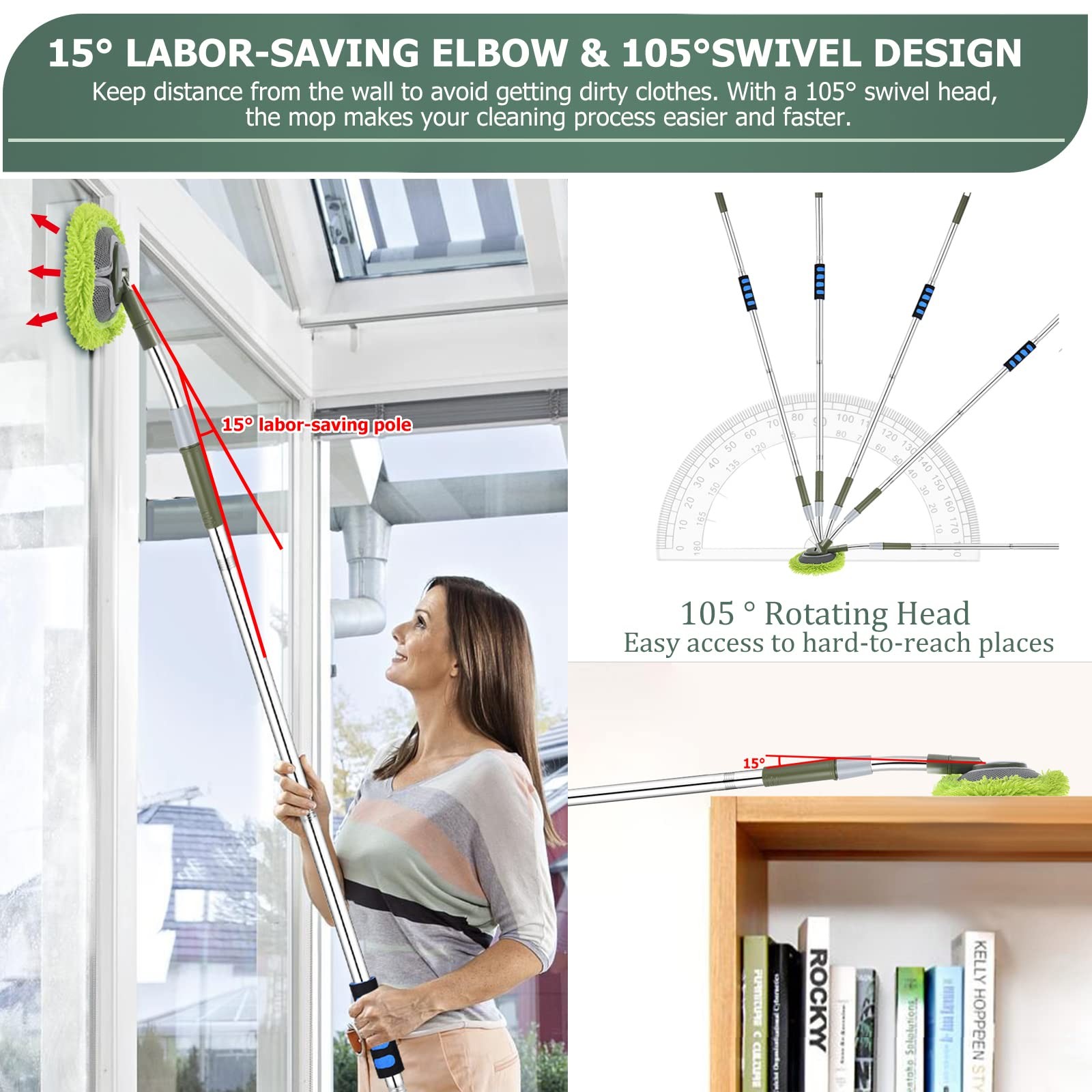 Wall Cleaner, Wall Cleaner Mop Green Mop for Walls Max 66’’ Wall Mop with Lon…