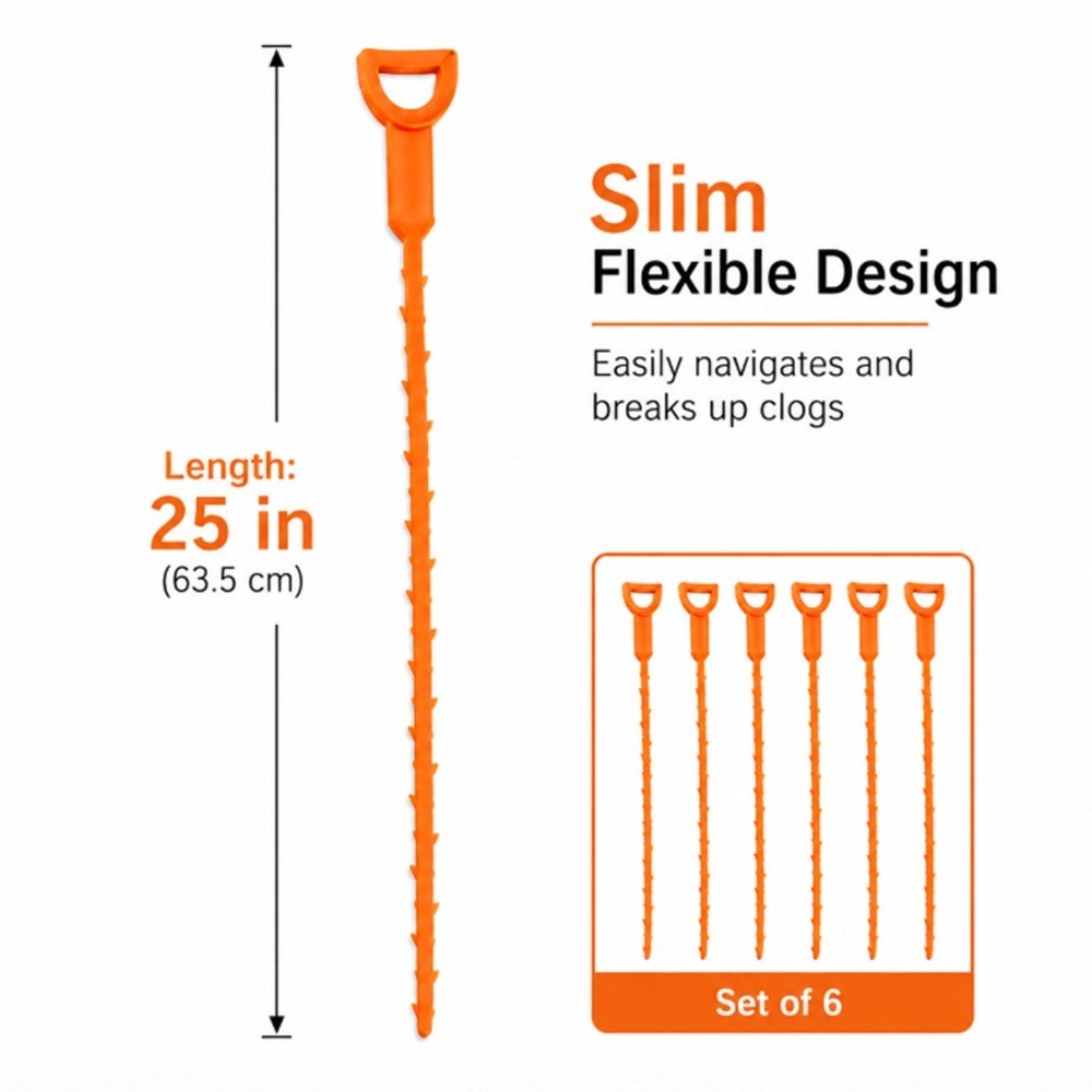 6Pcs 25 Inch Hair Drain Cleaner Tool Set -Snake Drain Clog Remover for Sink Tube