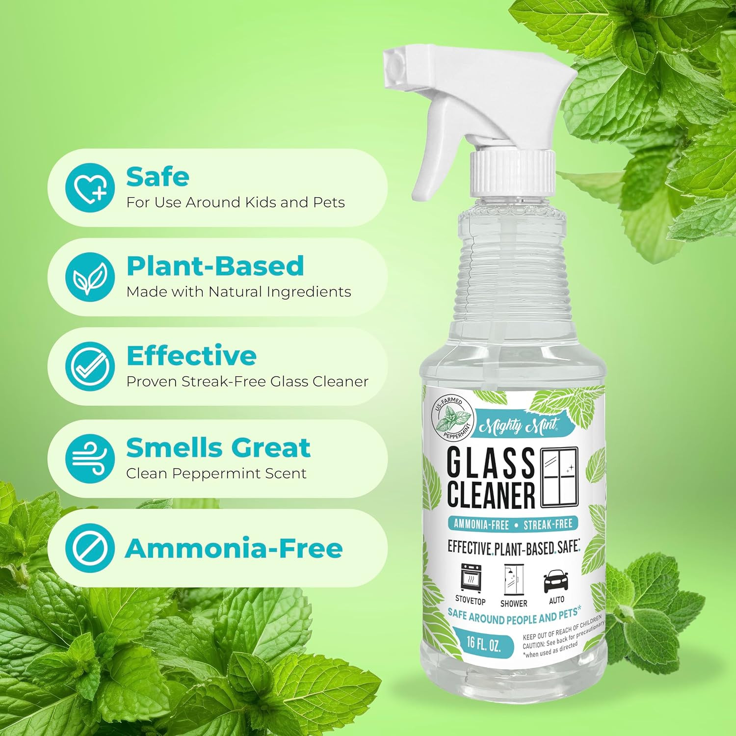 Glass Cleaner, Ammonia-Free, Streak-Free Spray for Windows, Screens, Stovetop, B