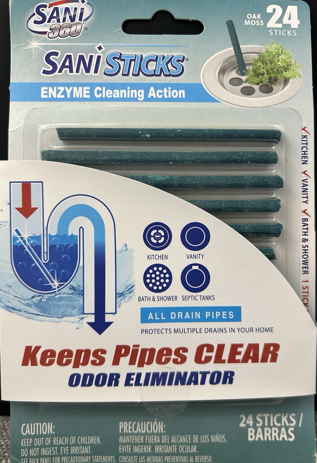 SANI 360° Sani Sticks Drain Cleaner and Deodorizer Enzyme 48 Count Oak Moss 2 pk
