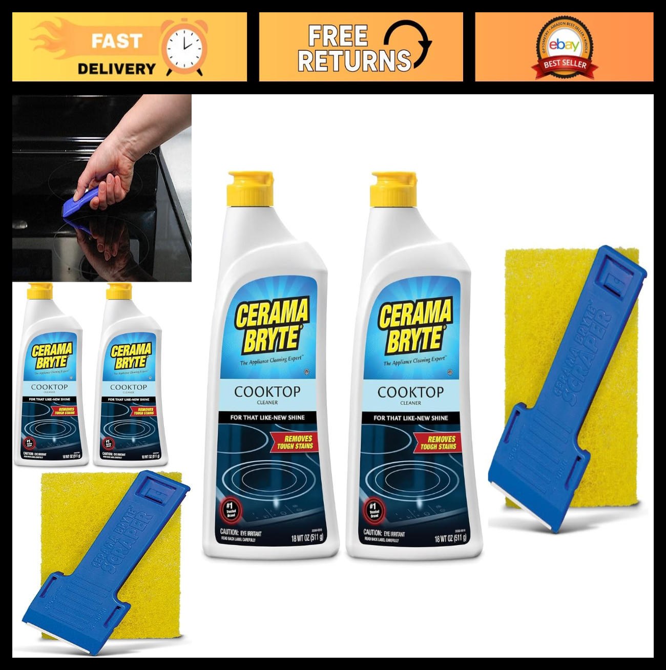 Cooktop Cleaner 18 oz 2-Pack with Scraper Pad – Streak-Free, Heavy-Duty Formula